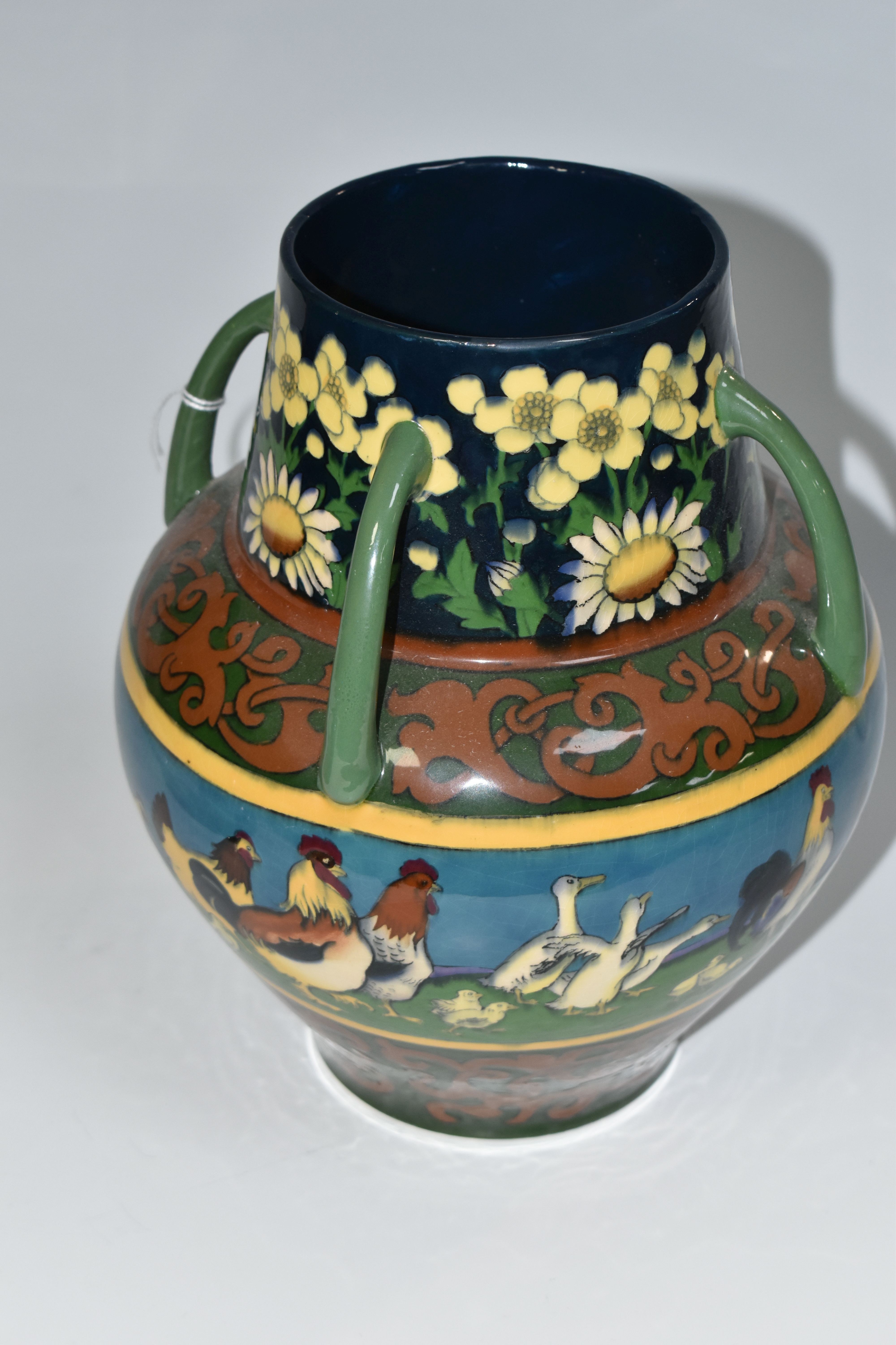 A WILEMAN & CO FOLEY INTARSIO 'POULTRY' PATTERN FOUR HANDLED VASE, model 3279, decorated with a band - Image 4 of 6