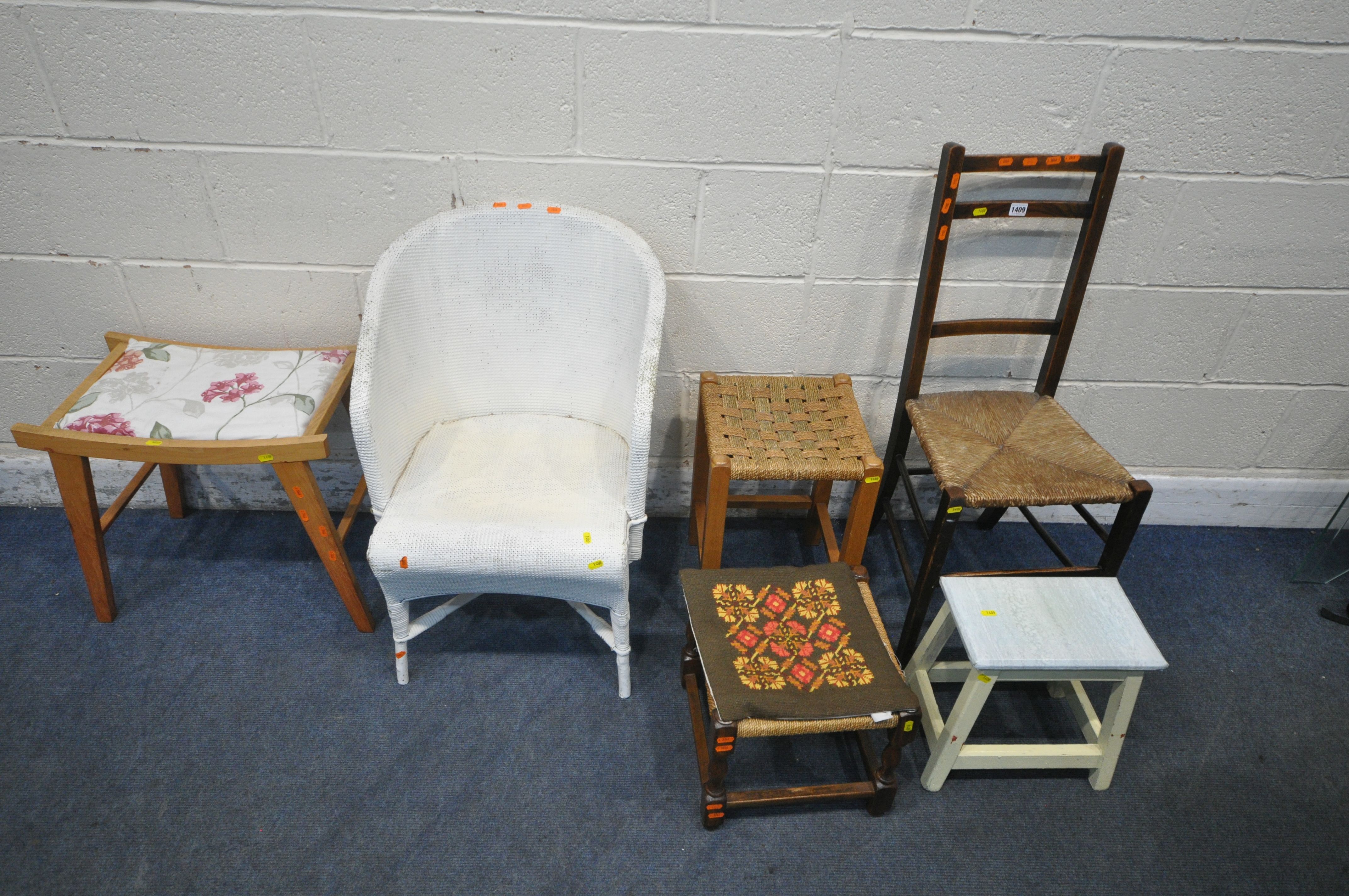 A WHITE PAINTED WICKER TUB CHAIR, a rush seated chair, along with four stools (condition report: