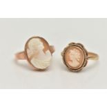 TWO CAMEO RINGS, the first a rose metal ring, set with an oval shell cameo depicting a lady, stamped