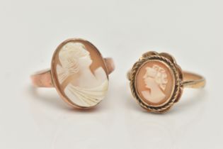 TWO CAMEO RINGS, the first a rose metal ring, set with an oval shell cameo depicting a lady, stamped