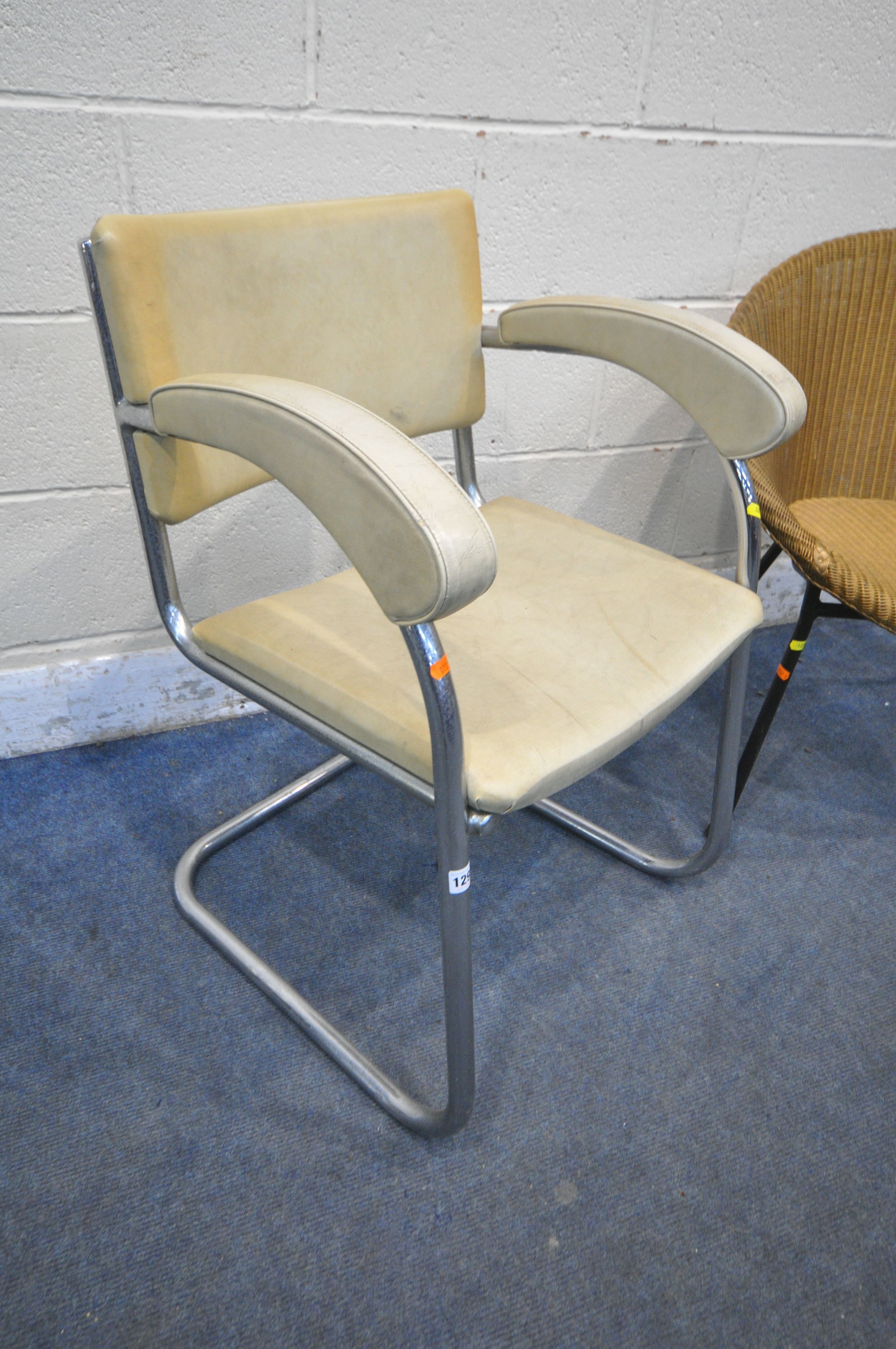 A LLOYD LOOM WICKER SATELLITE CHAIR, on metal legs, along with a mid-century cream leatherette and - Image 3 of 3