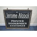 A 19TH CENTURY RECTANGULAR HANGING SIGN, with an iron and pine frame, reading Jerome Alcock,