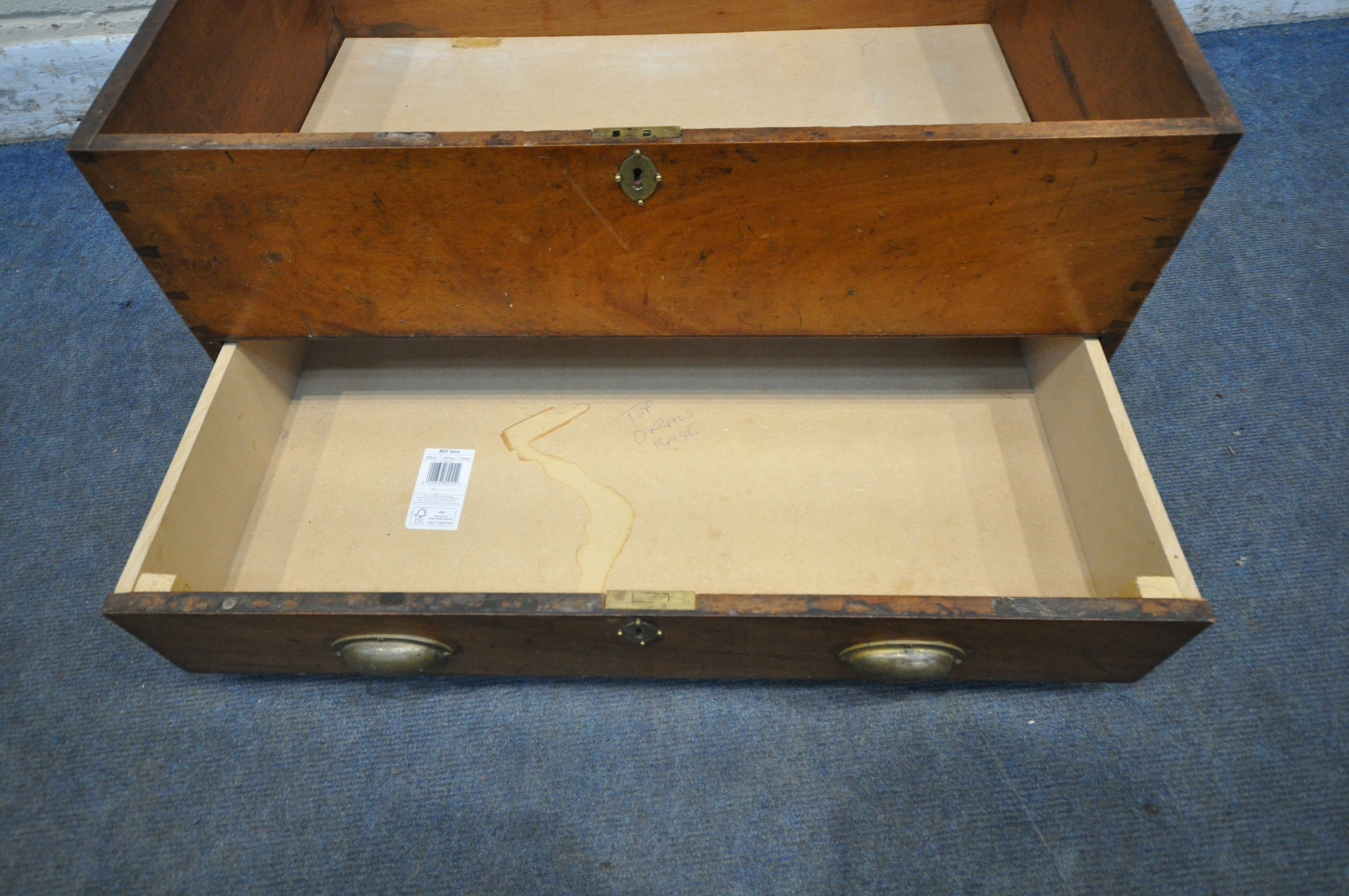 A LATE 19TH CENTURY WALNUT BLANKET CHEST, bearing a brass label reading Whitfield & Co, - Image 5 of 5