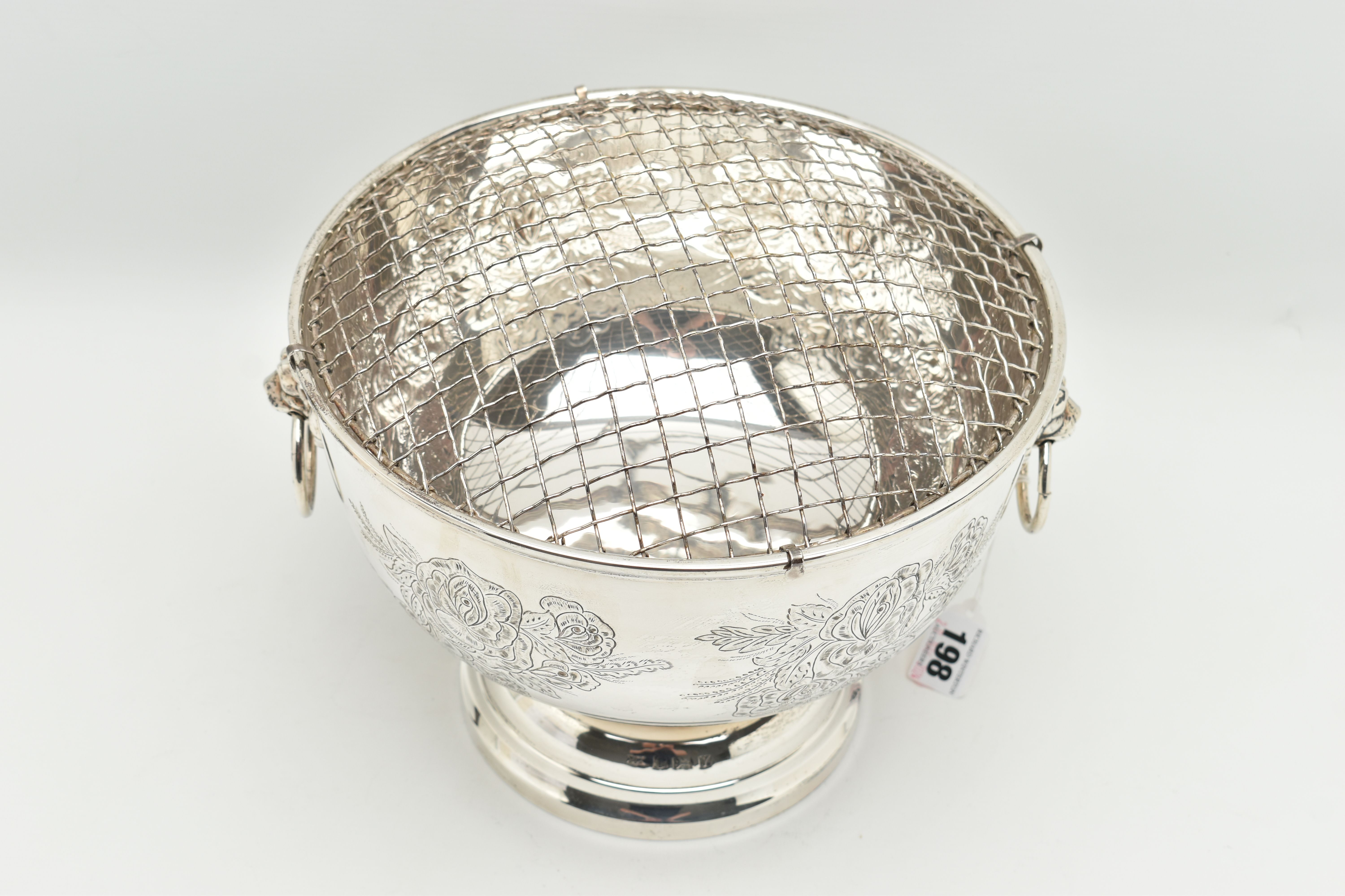 AN ELIZABETH II SILVER ROSE BOWL, fitted with removable wire grille, two lion mask handles, the - Image 2 of 9