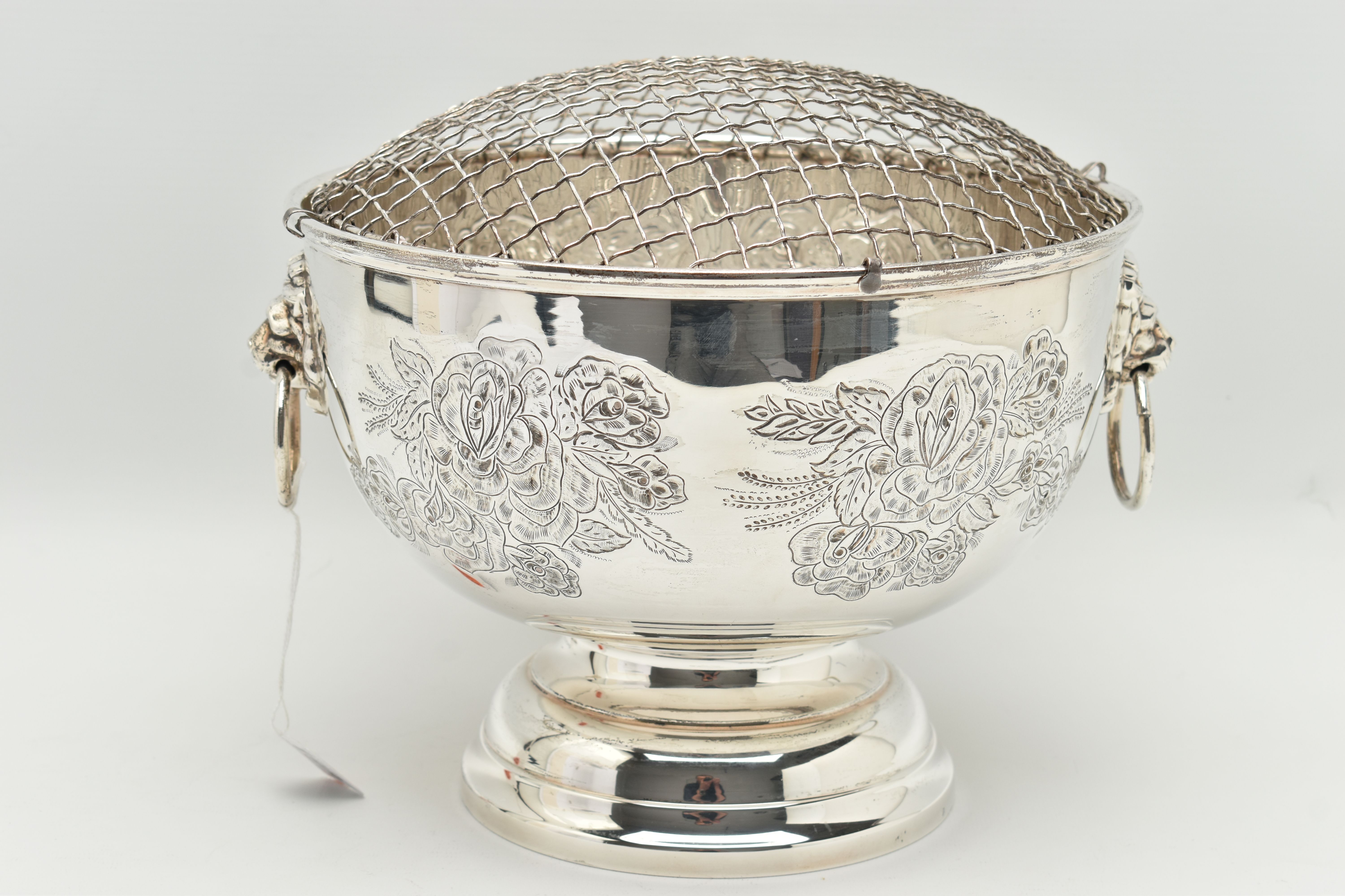 AN ELIZABETH II SILVER ROSE BOWL, fitted with removable wire grille, two lion mask handles, the - Image 6 of 9