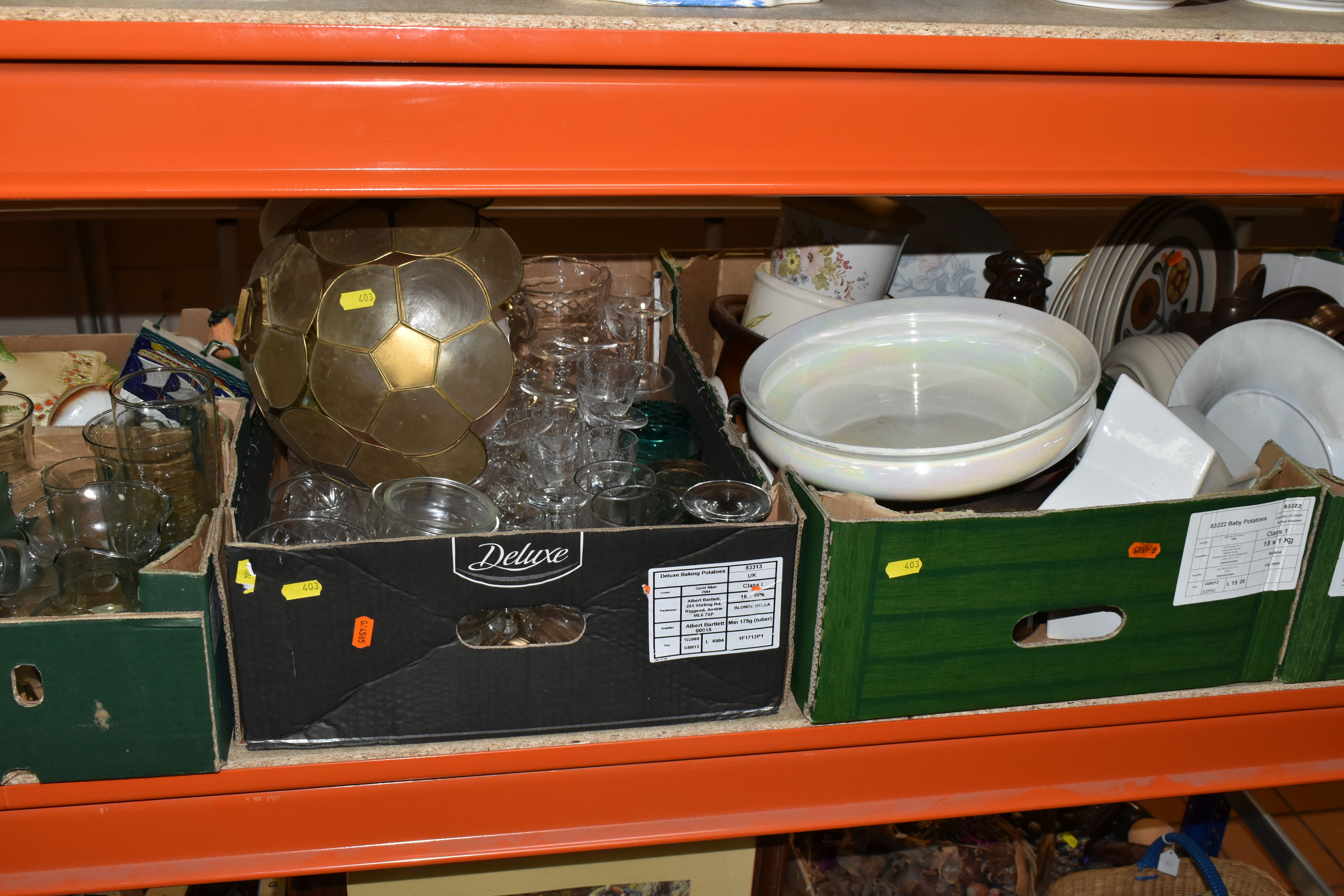 FIVE BOXES OF MIXED CERAMICS AND GLASSWARE INCLUDING VINTAGE TEST TUBES, A TORPEDO BOTTLE, a