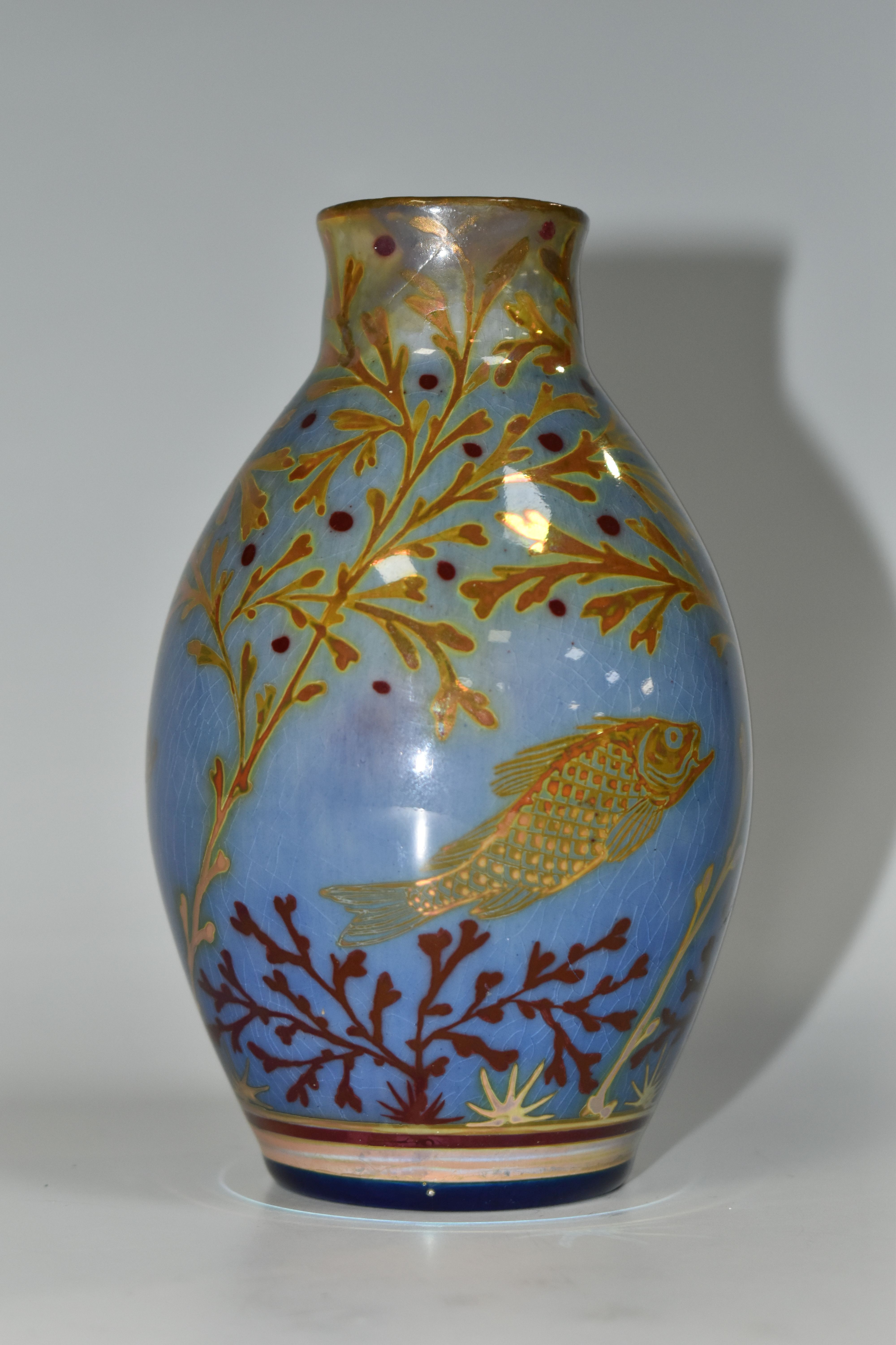 A PILKINGTON'S BALUSTER VASE, decorated with fish and pond/seaweed on a blue ground, P and B mark to - Image 3 of 5