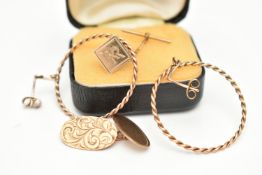 A PAIR OF 9CT GOLD HOOP EARRINGS A SINGLE CUFFLINK AND A BUTTON HOOK, rope twist hoops with post and