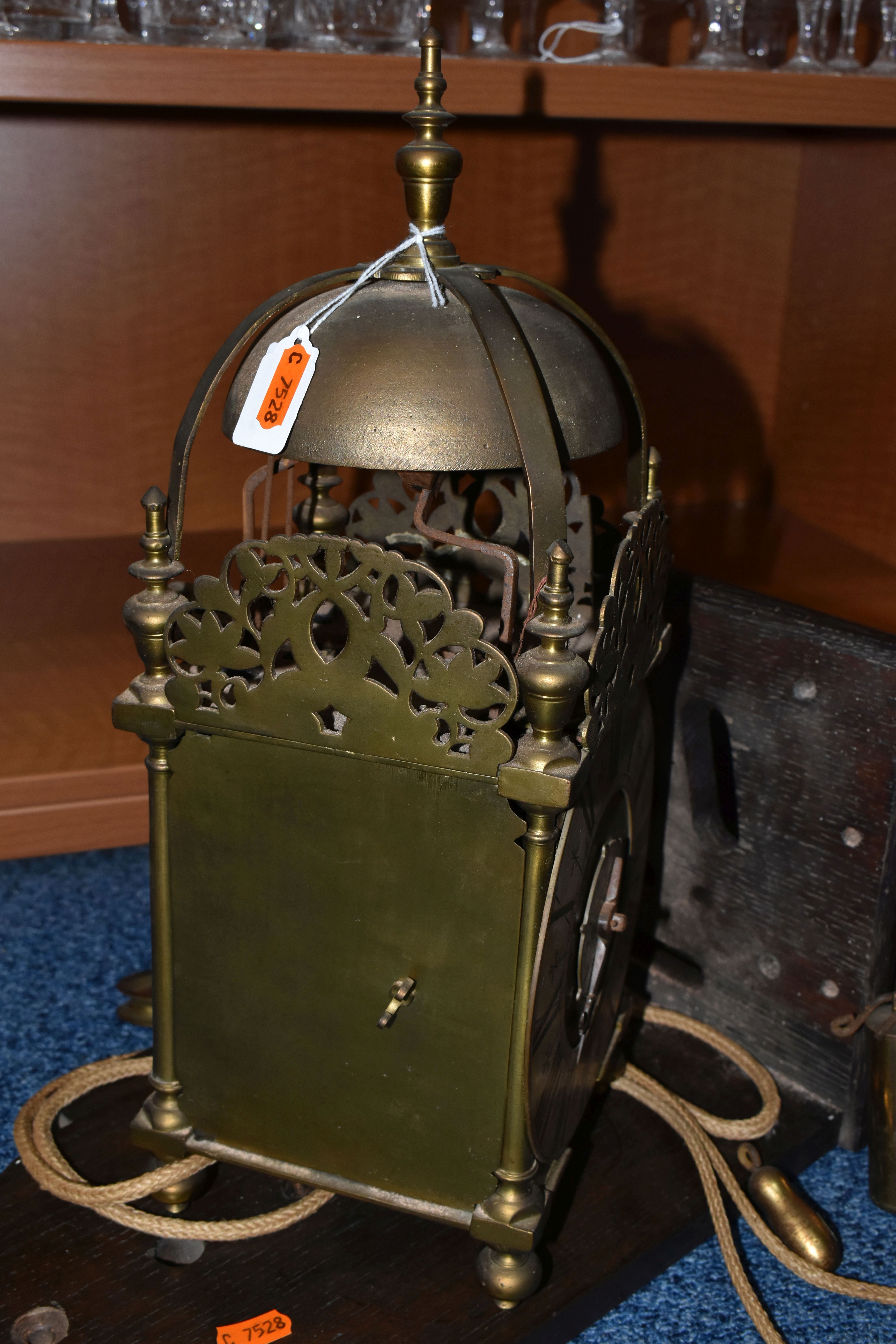 A 17TH CENTURY STYLE BRASS LANTERN CLOCK, four posted case with side doors and side frets, - Image 4 of 11