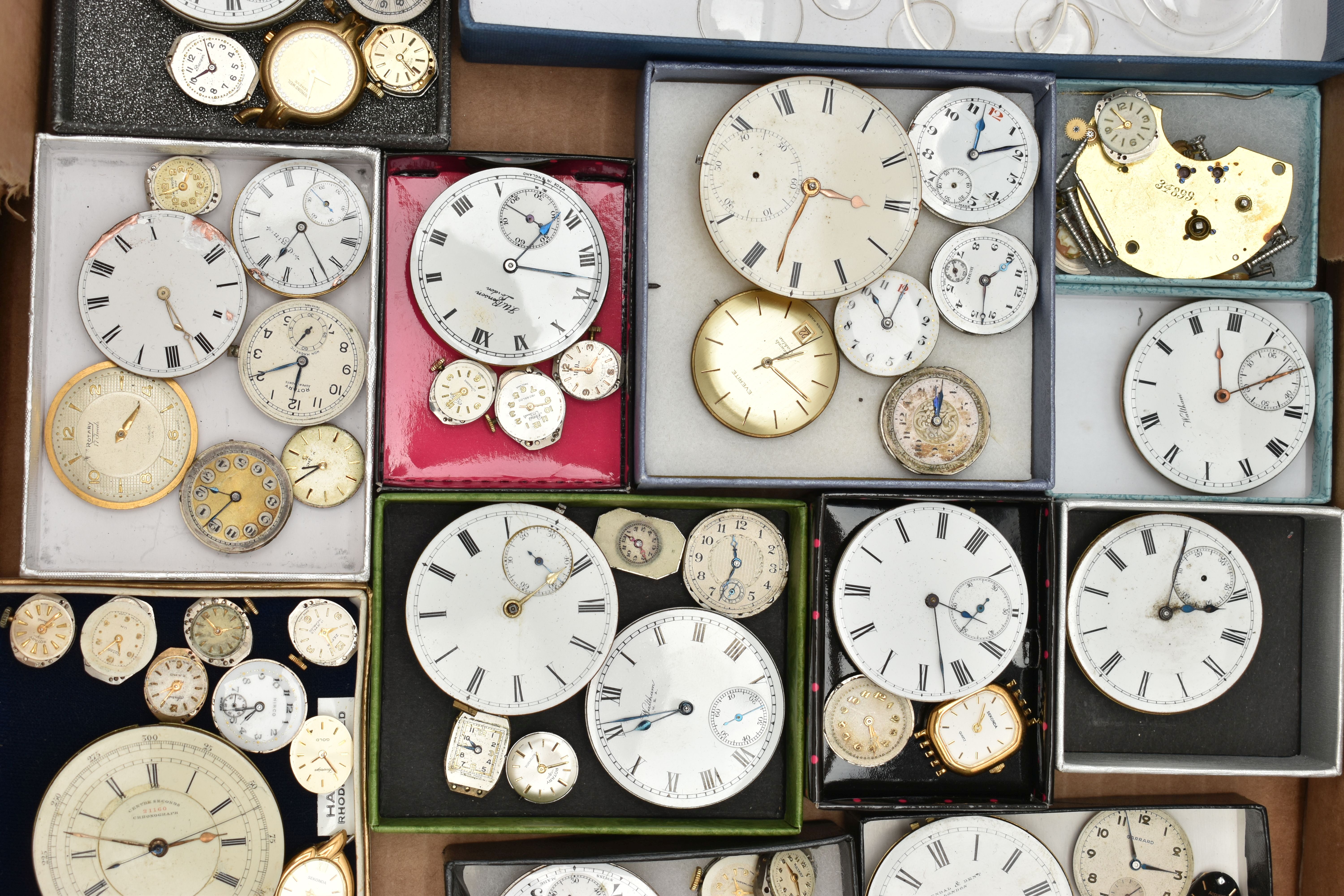 A BOX OF ASSORTED WATCH PARTS, to include a large selection of watch movements, names to include - Image 3 of 11