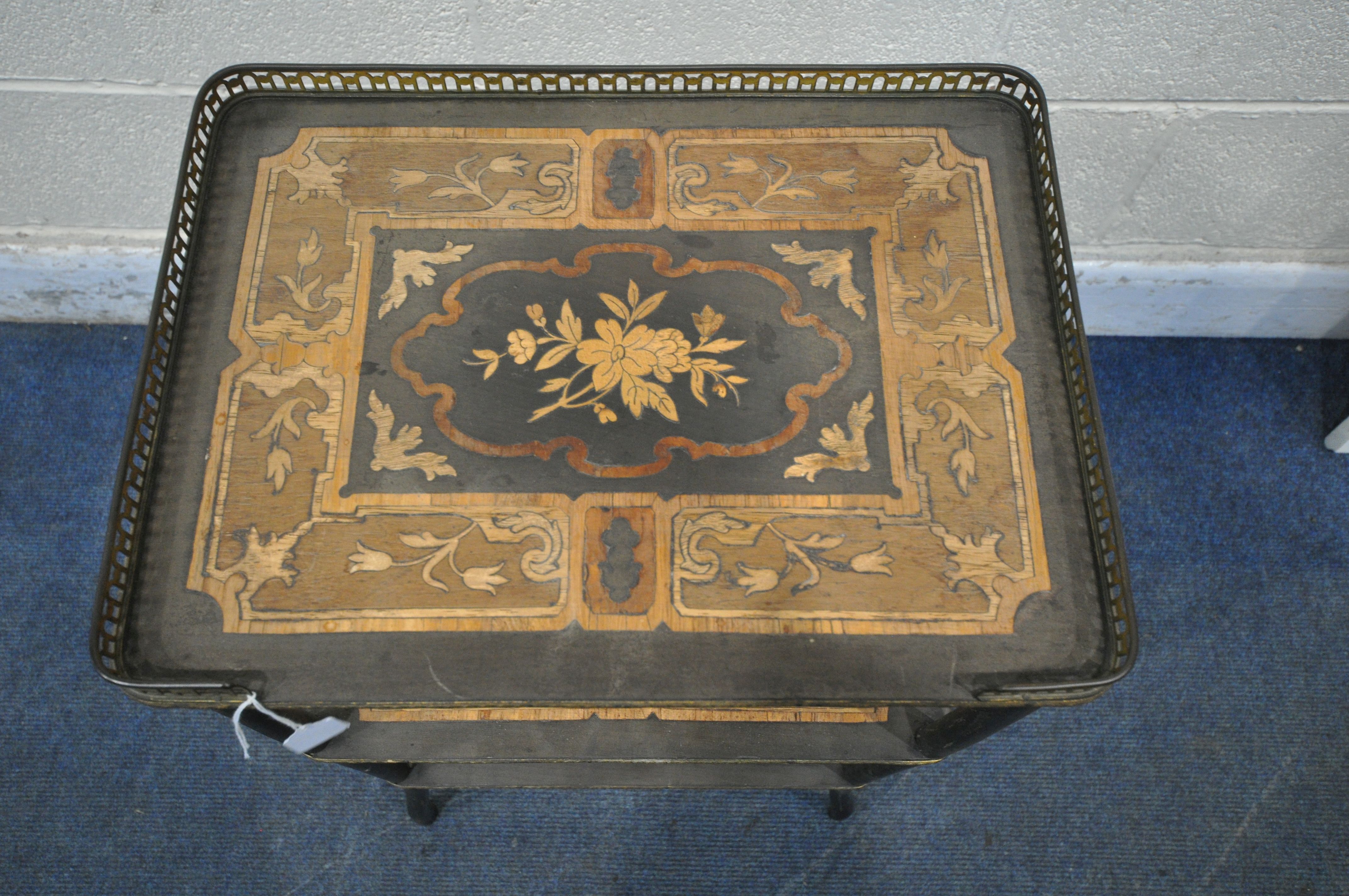 A FRENCH EBONISED AND MARQUETRY INLAID THREE TIER ETERGERE, with a pieced brass gallery top shelf, - Image 2 of 5