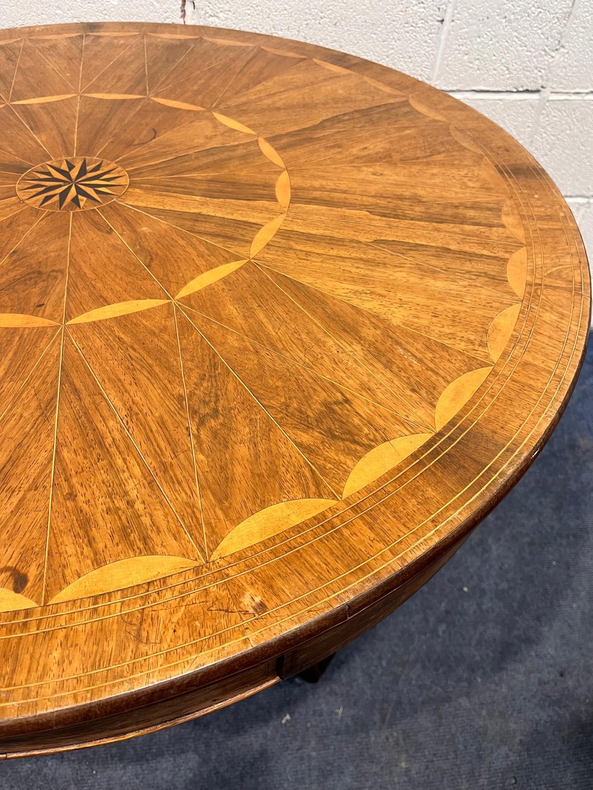 A 19TH CENTURY ROSEWOOD AND PARQUETRY INLAID CIRCULAR REVOLVING DRUM TABLE, central starburst, - Image 3 of 5