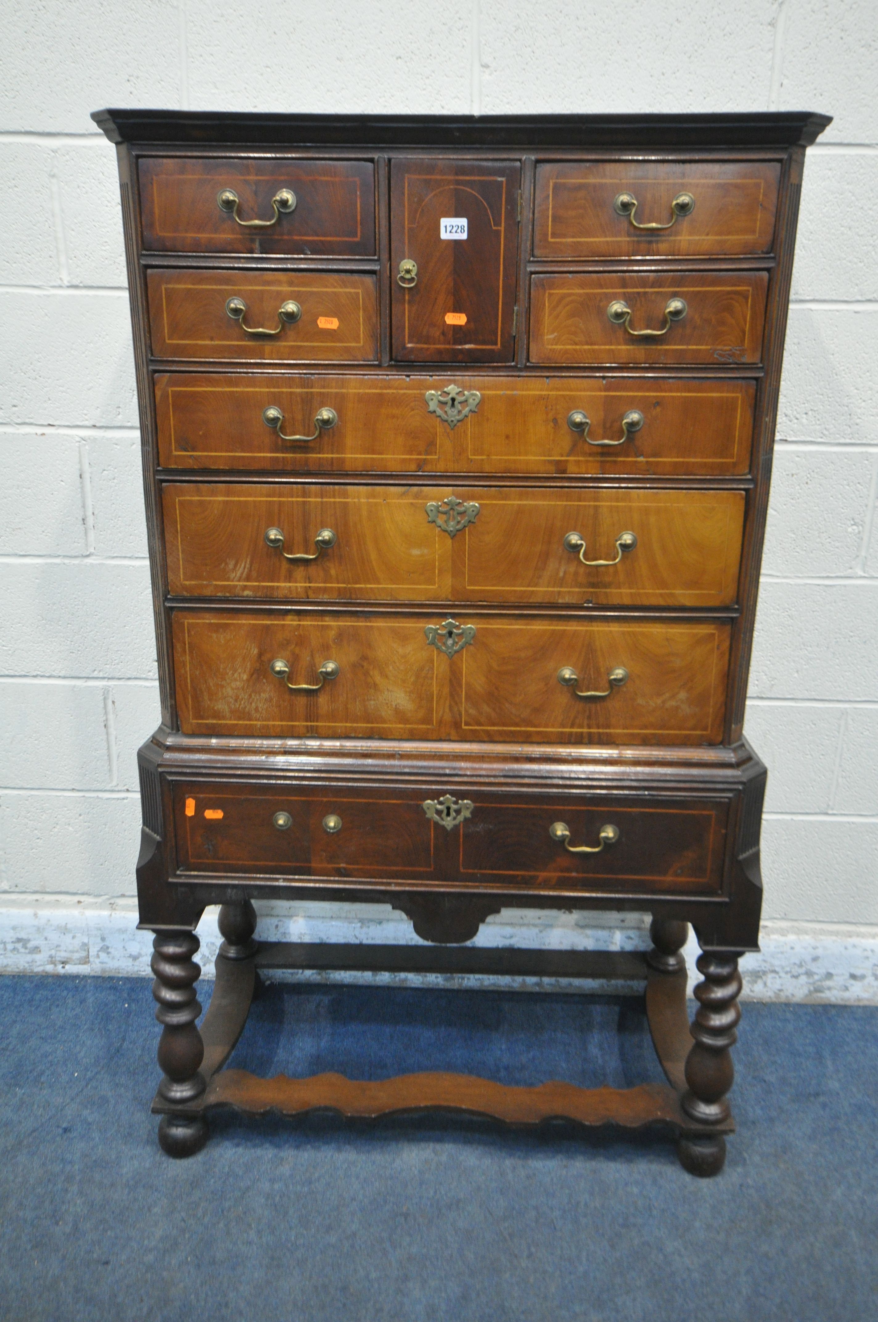 A WILLIAM AND MARY STYLE WALNUT AND BOX STRUNG CHEST ON STAND, fitted with an arrangement of eight - Image 2 of 8