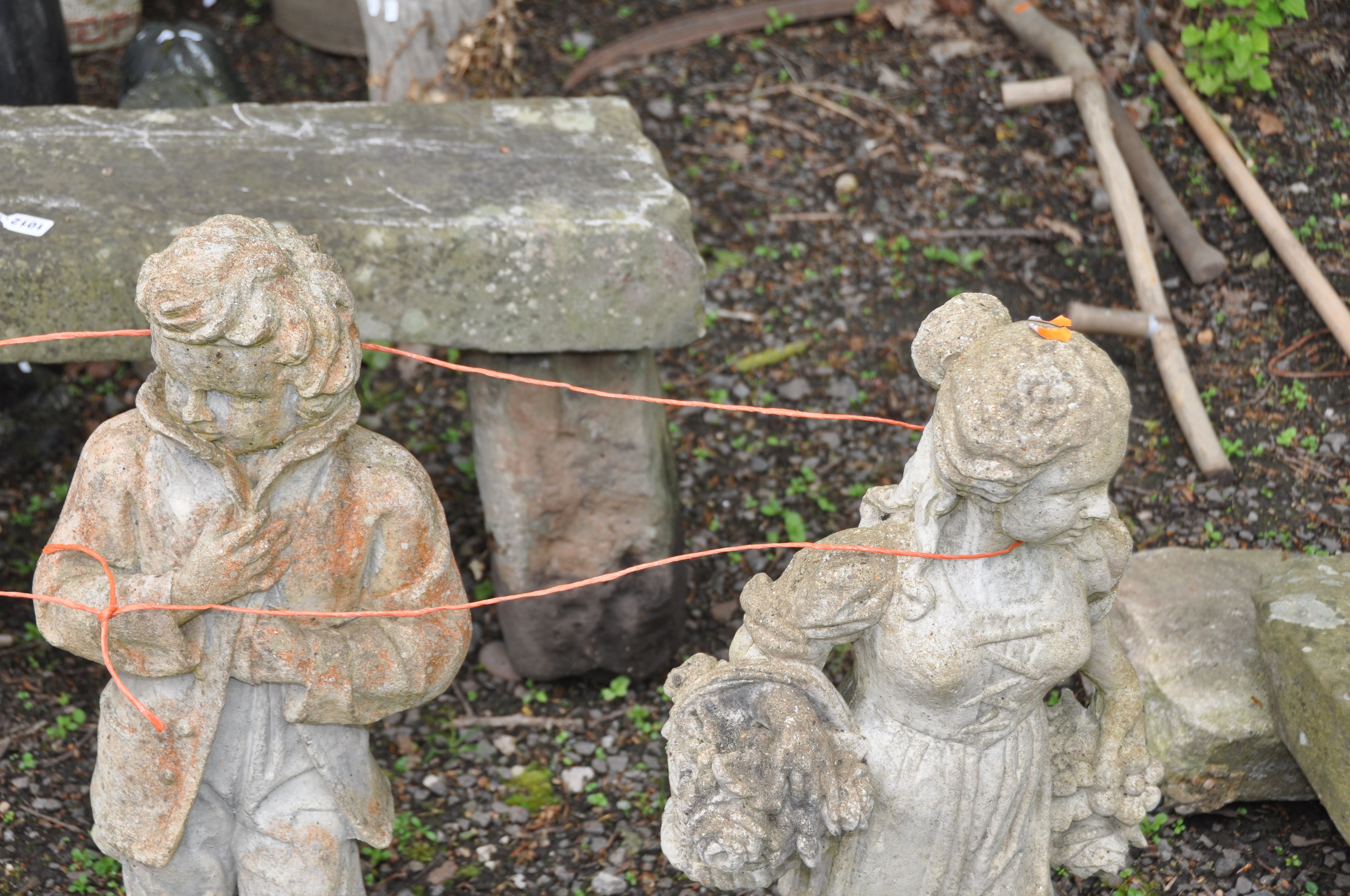 A SET OF FOUR COMPOSITE GARDEN FIGURES two male and two female (tallest being 77cm high) - Image 3 of 3