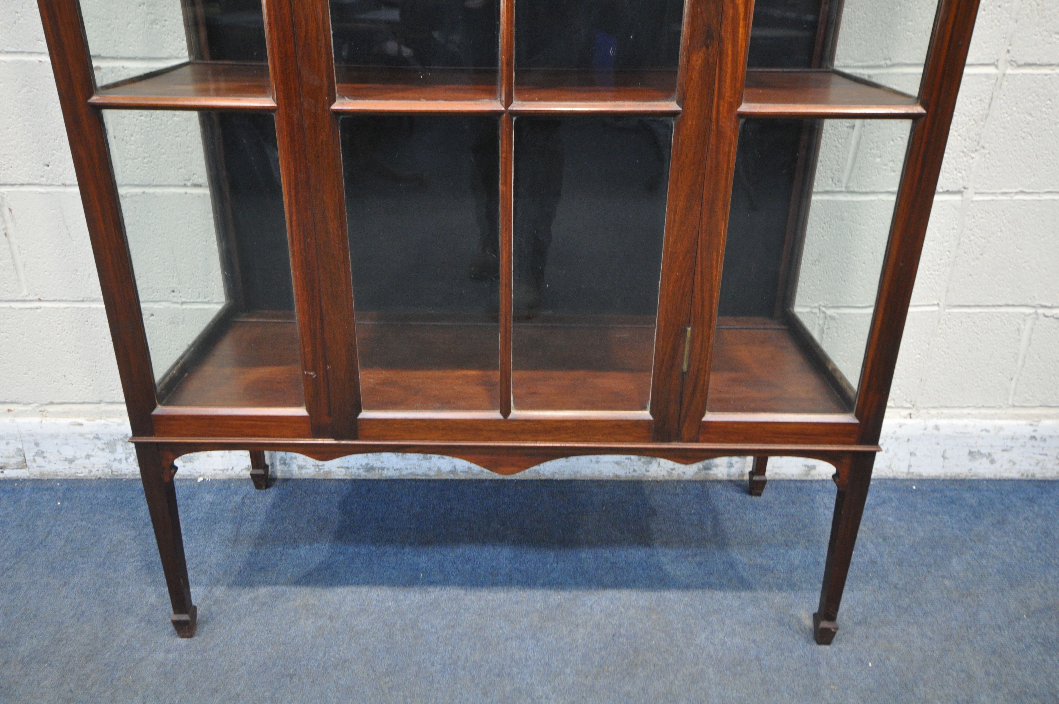 AN EARLY 20TH CENTURY MAHOGANY SINGLE DOOR DISPLAY CABINET, enclosing three shelves, on square - Image 3 of 3