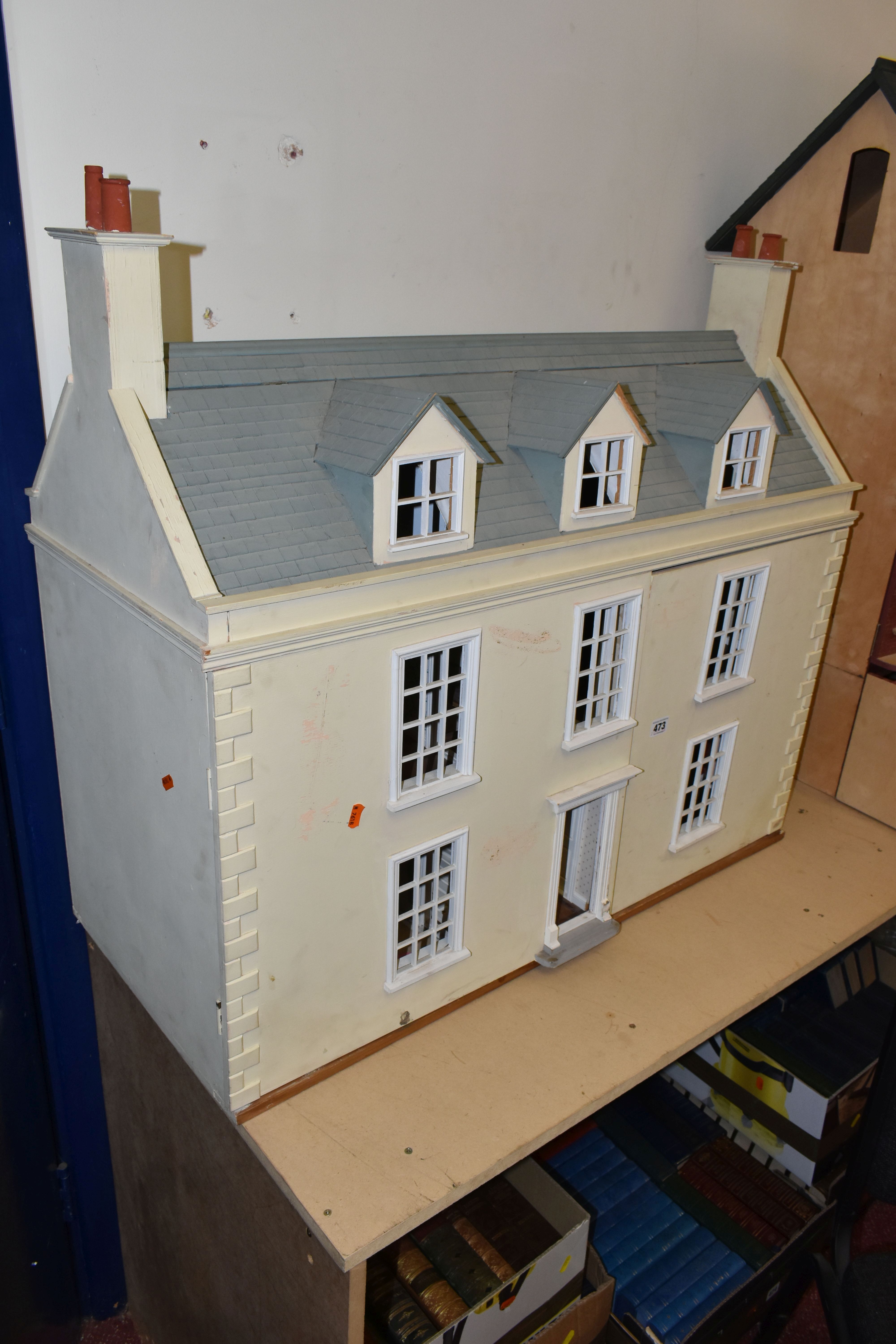 A LARGE MODERN WOODEN DOLLS HOUSE, modelled as a Georgian townhouse, front opening to reveal four - Image 2 of 4