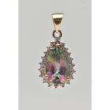 A MYSTIC TOPAZ AND DIAMOND PENDANT, the pear shape mystic topaz within a surround set with four