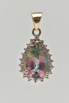 A MYSTIC TOPAZ AND DIAMOND PENDANT, the pear shape mystic topaz within a surround set with four
