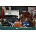 A BOX AND LOOSE PHOTOGRAPHIC AND SUNDRY ITEMS, to include a cased Agfa Silette 35mm camera, a