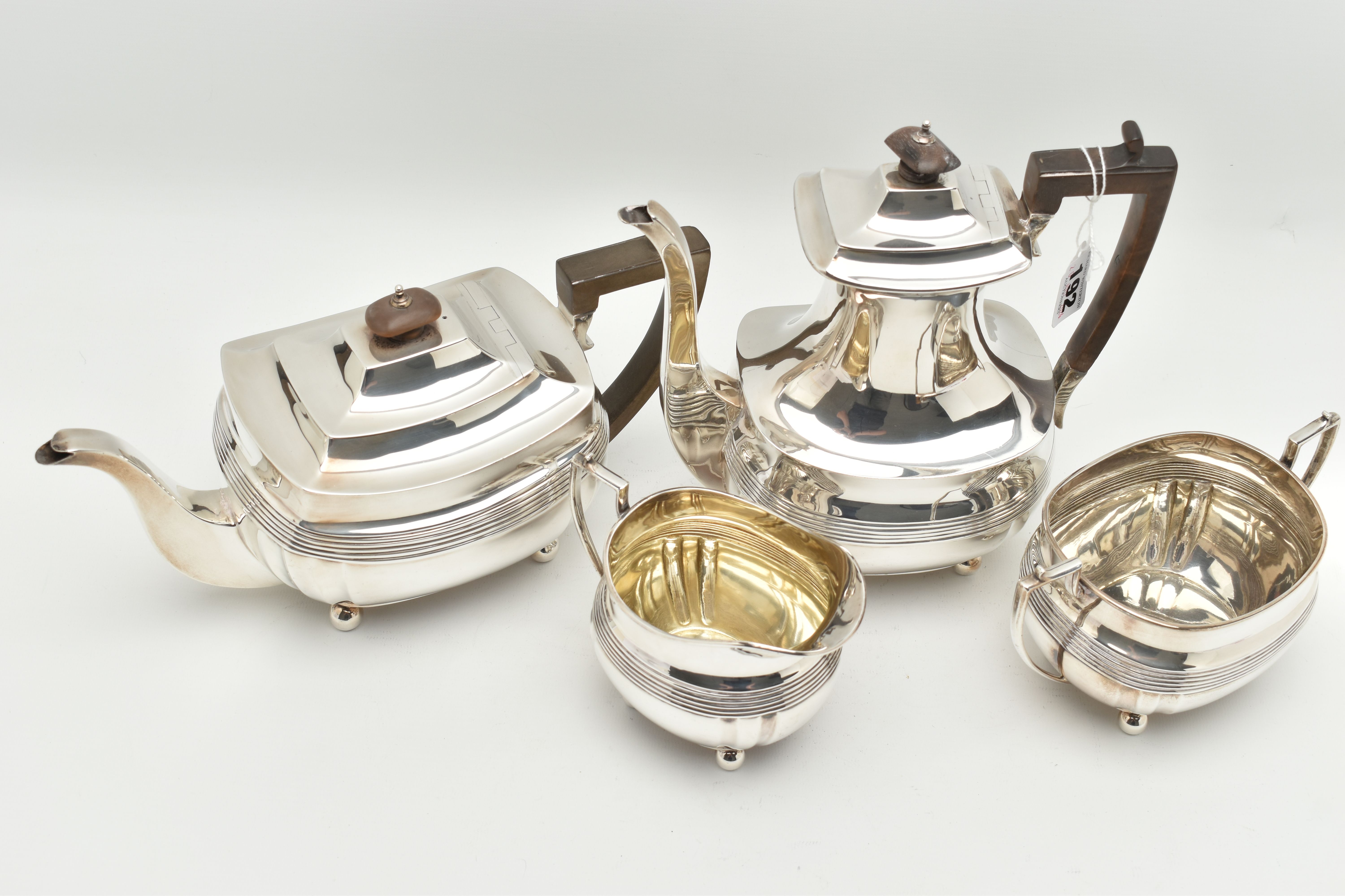 A GEORGE V SILVER FOUR PIECE TEA SERVICE OF SHAPED RECTANGULAR FORM, reeded horizonal band detail - Image 2 of 8