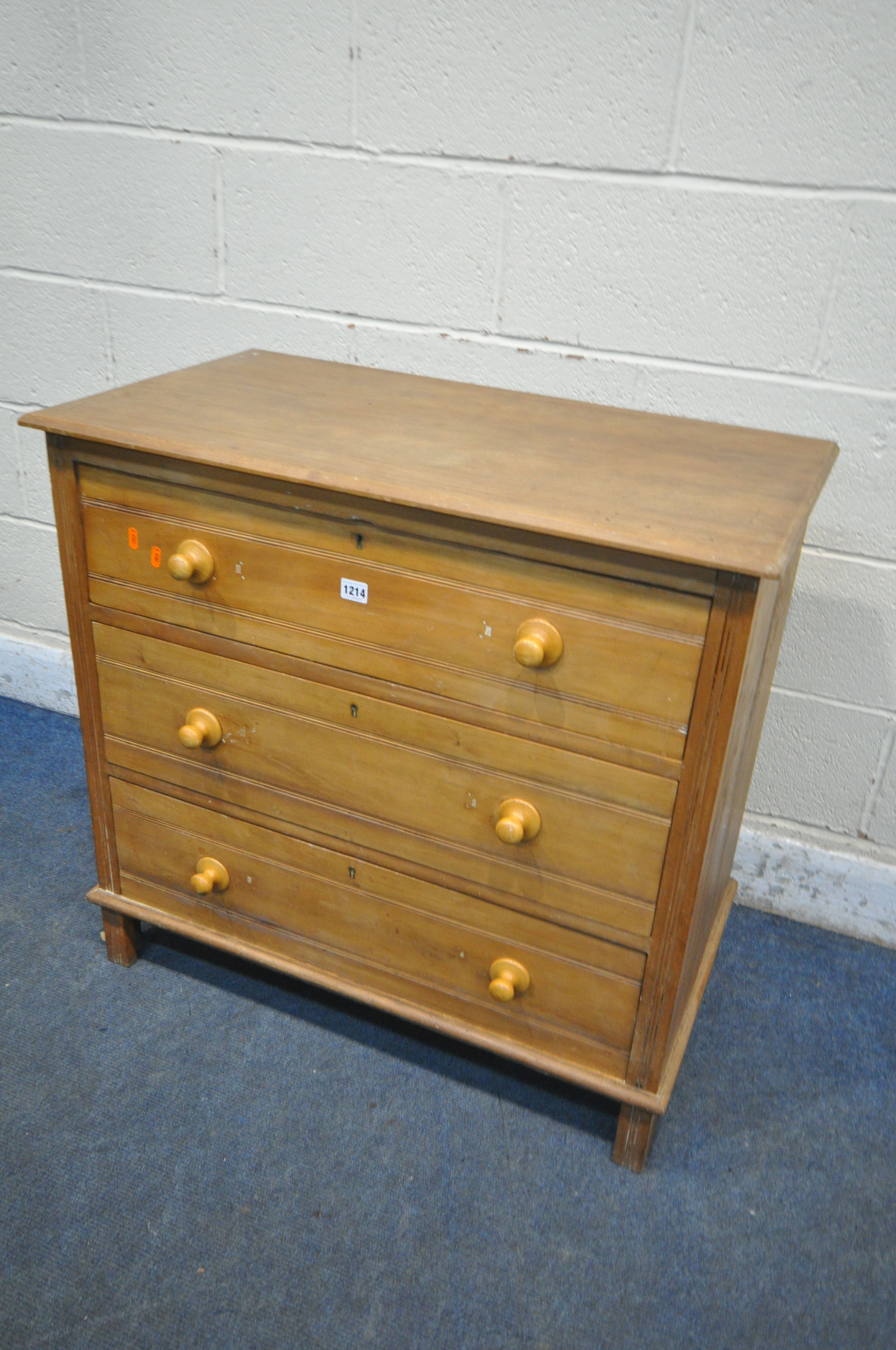 AN EDWARDIAN SATINWOOD CHEST OF THREE DRAWERS, width 84cm x depth 48cm x height 82cm (condition