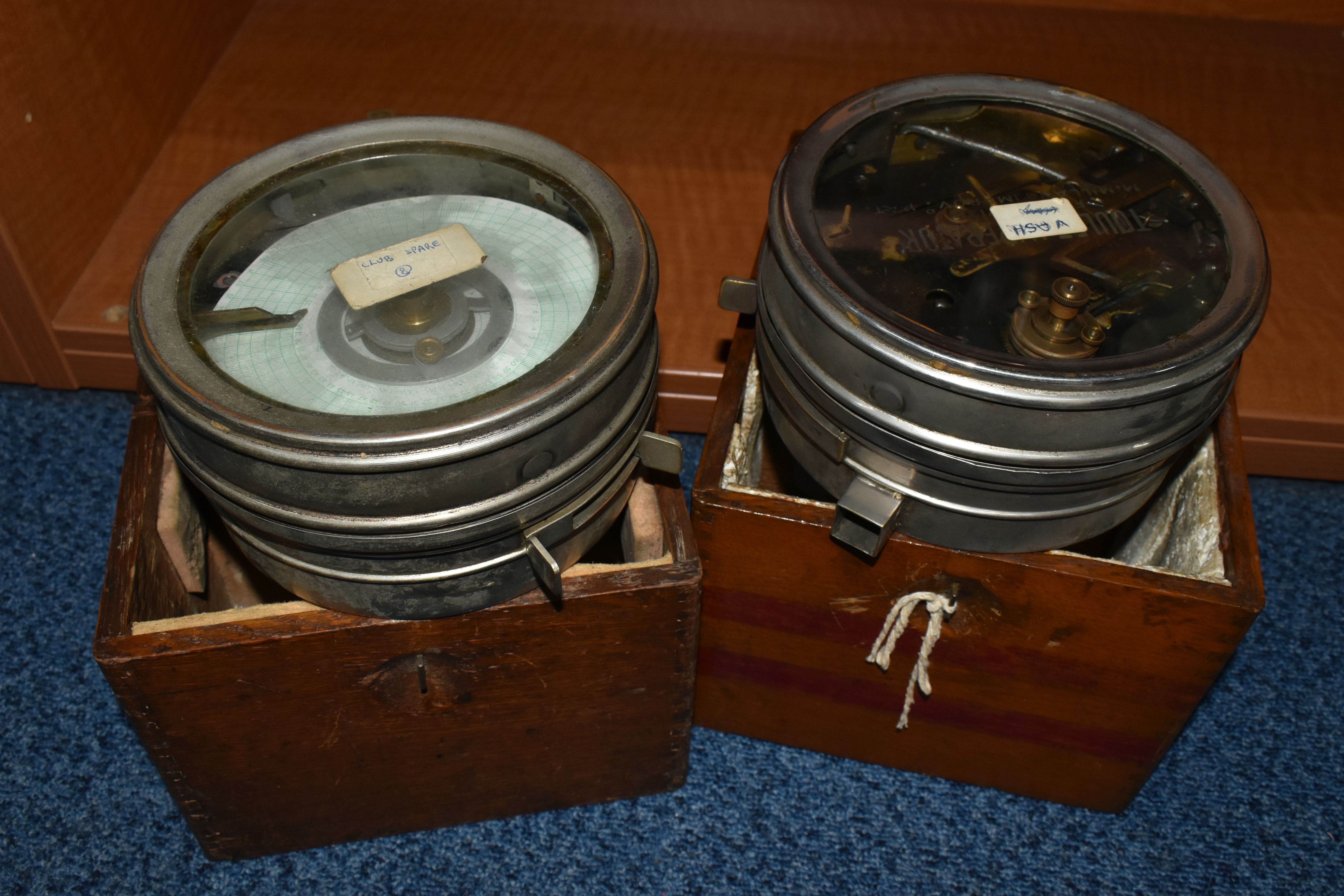 TWO VINTAGE OAK CASED PIGEON CLOCKS, one with Toulet branding to glass, clock no.127680, the other