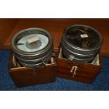 TWO VINTAGE OAK CASED PIGEON CLOCKS, one with Toulet branding to glass, clock no.127680, the other