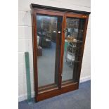 AN EARLY 20TH CENTURY NARROW MAHOGANY GLAZED TWO DOOR COLLECTORS DISPLAY CABINET, enclosing ten