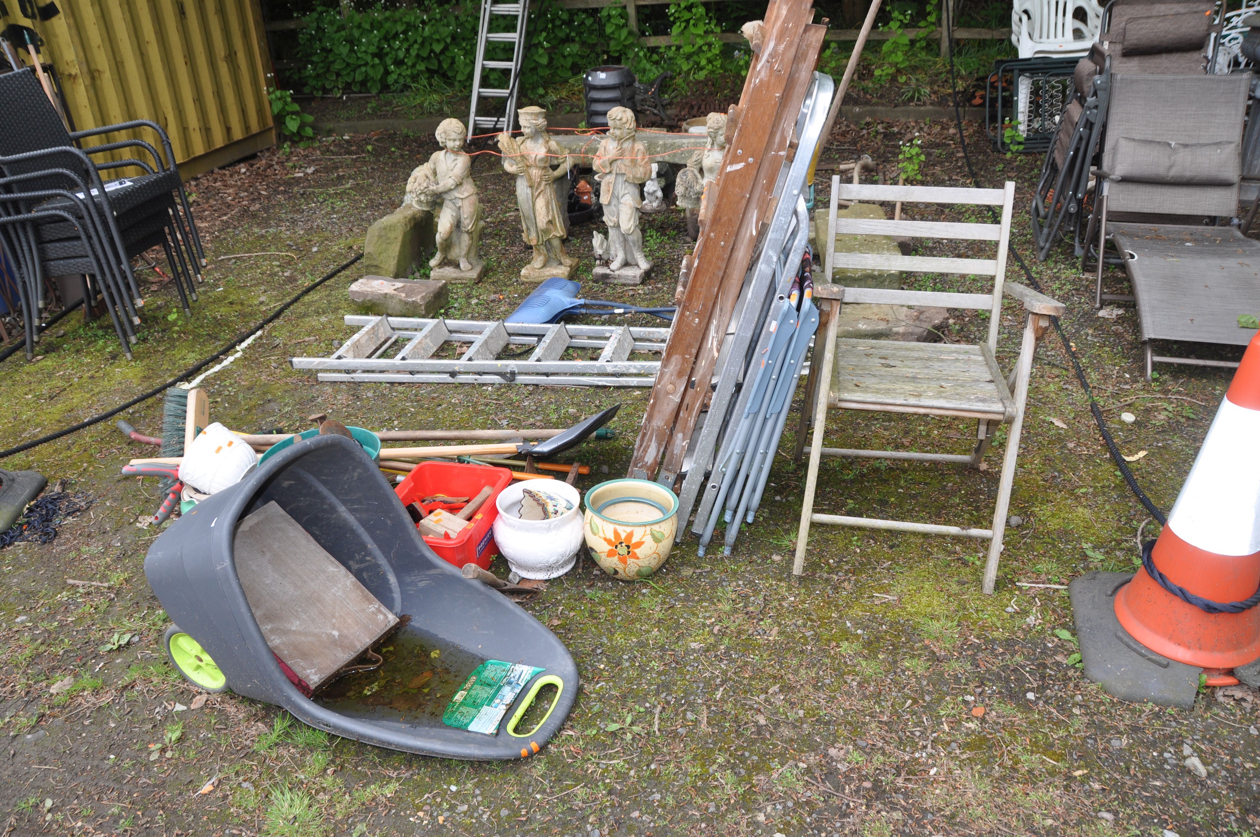 A COLLECTION OF GARDEN TOOLS AND STEP LADDERS including a garden trolley, pots, folding chairs,