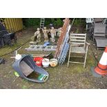 A COLLECTION OF GARDEN TOOLS AND STEP LADDERS including a garden trolley, pots, folding chairs,