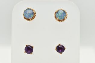 TWO PAIRS OF GEM STUD EARRINGS, the first a pair of 9ct gold amethyst stud earrings, with 9ct