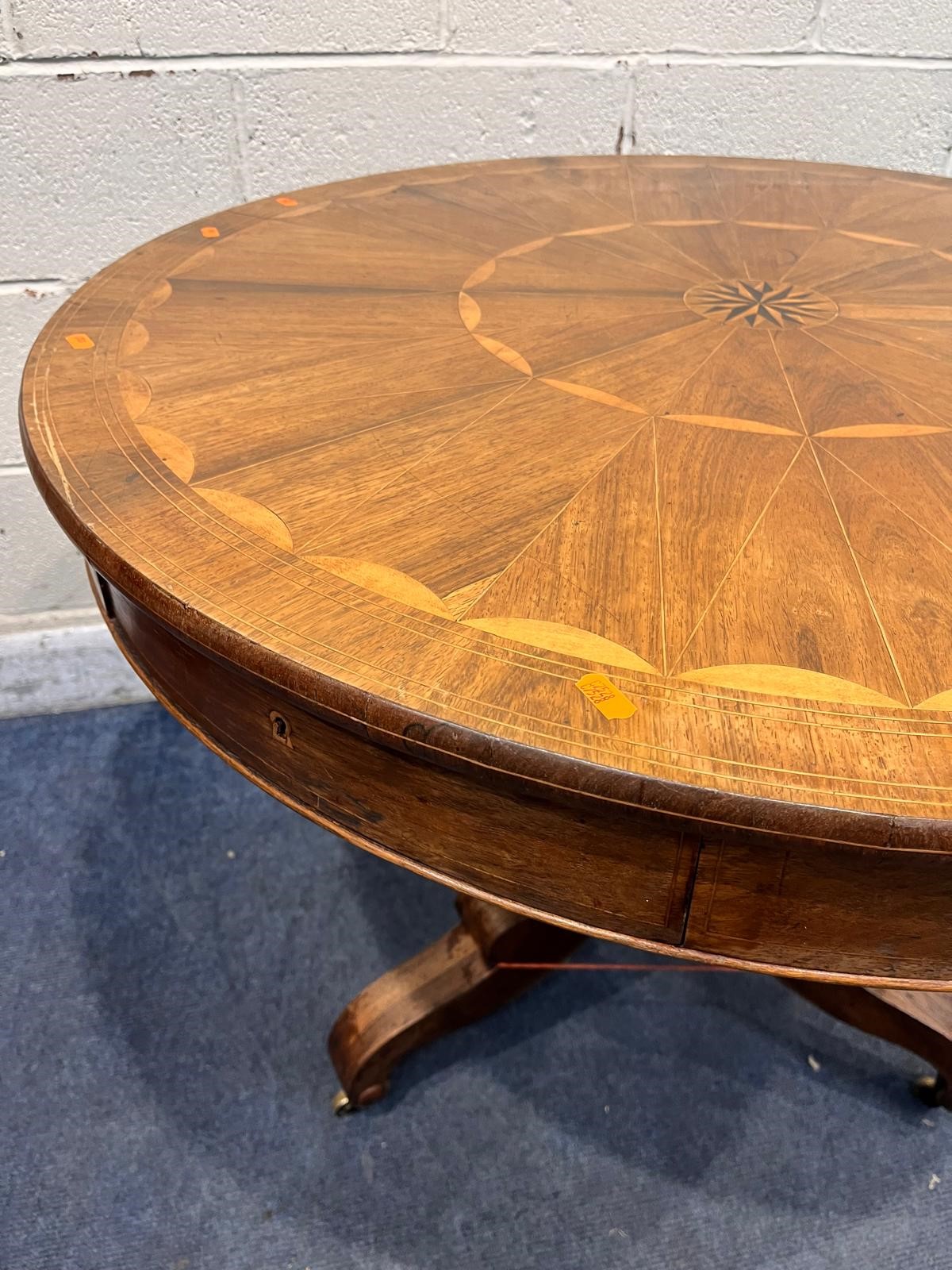 A 19TH CENTURY ROSEWOOD AND PARQUETRY INLAID CIRCULAR REVOLVING DRUM TABLE, central starburst, - Image 4 of 5
