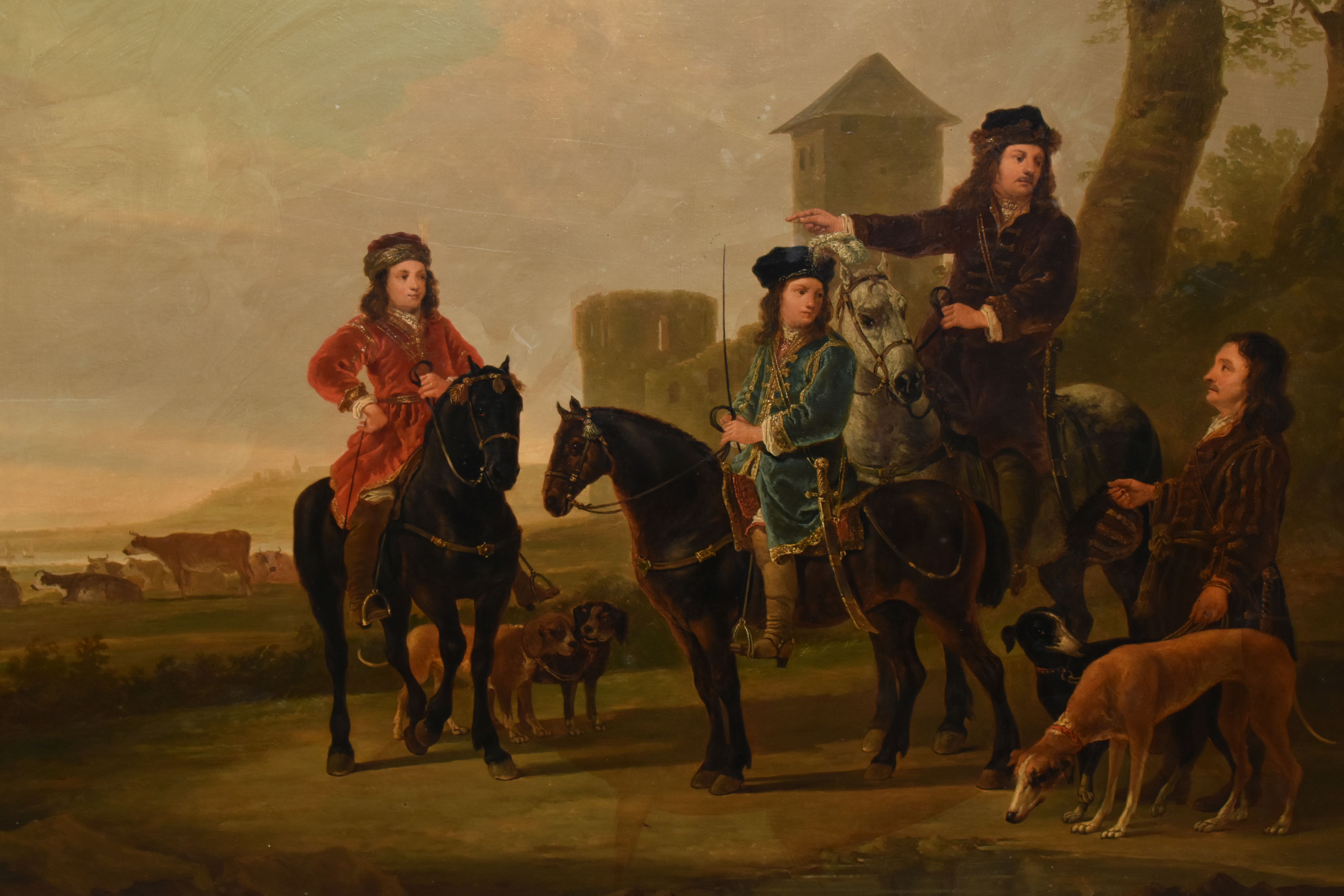 MANNER OF AELBERT CUYP 'LANDSCAPE WITH HUNTING PARTY', Dutch landscape with three men on - Image 2 of 8