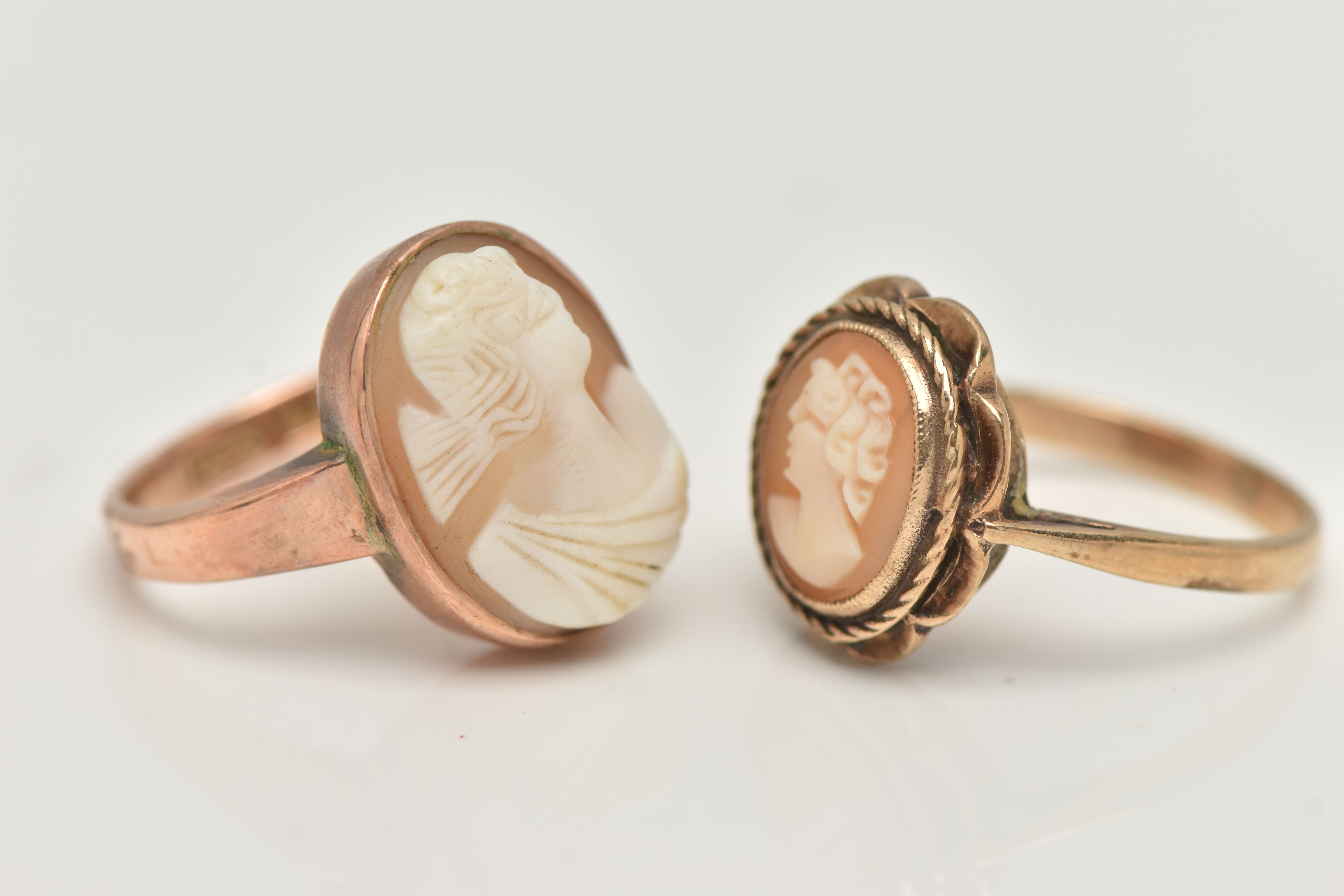 TWO CAMEO RINGS, the first a rose metal ring, set with an oval shell cameo depicting a lady, stamped - Image 2 of 4