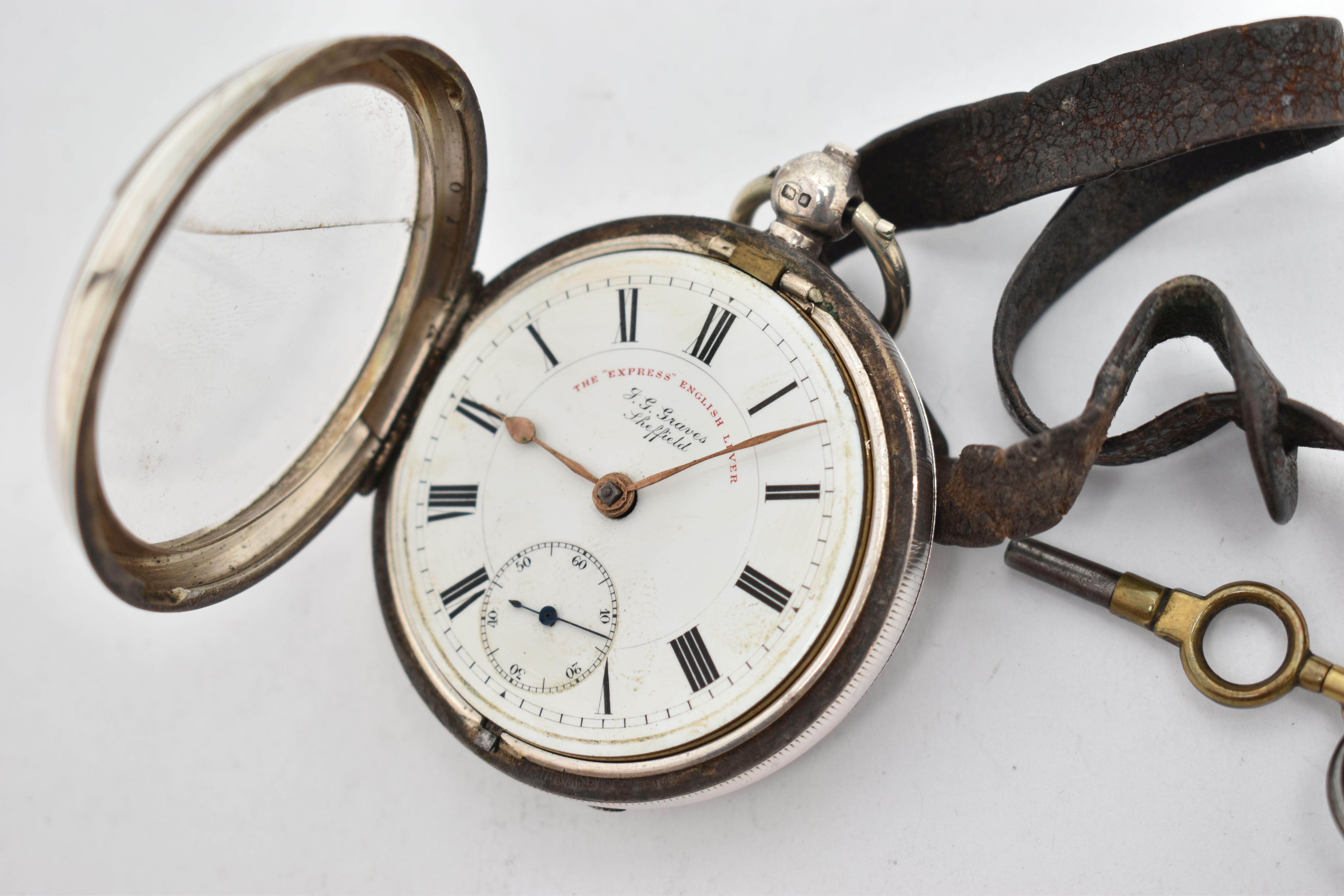 AN EDWARDIAN SILVER OPEN FACE POCKET WATCH, the white face with black Roman numerals, subsidiary - Image 3 of 4