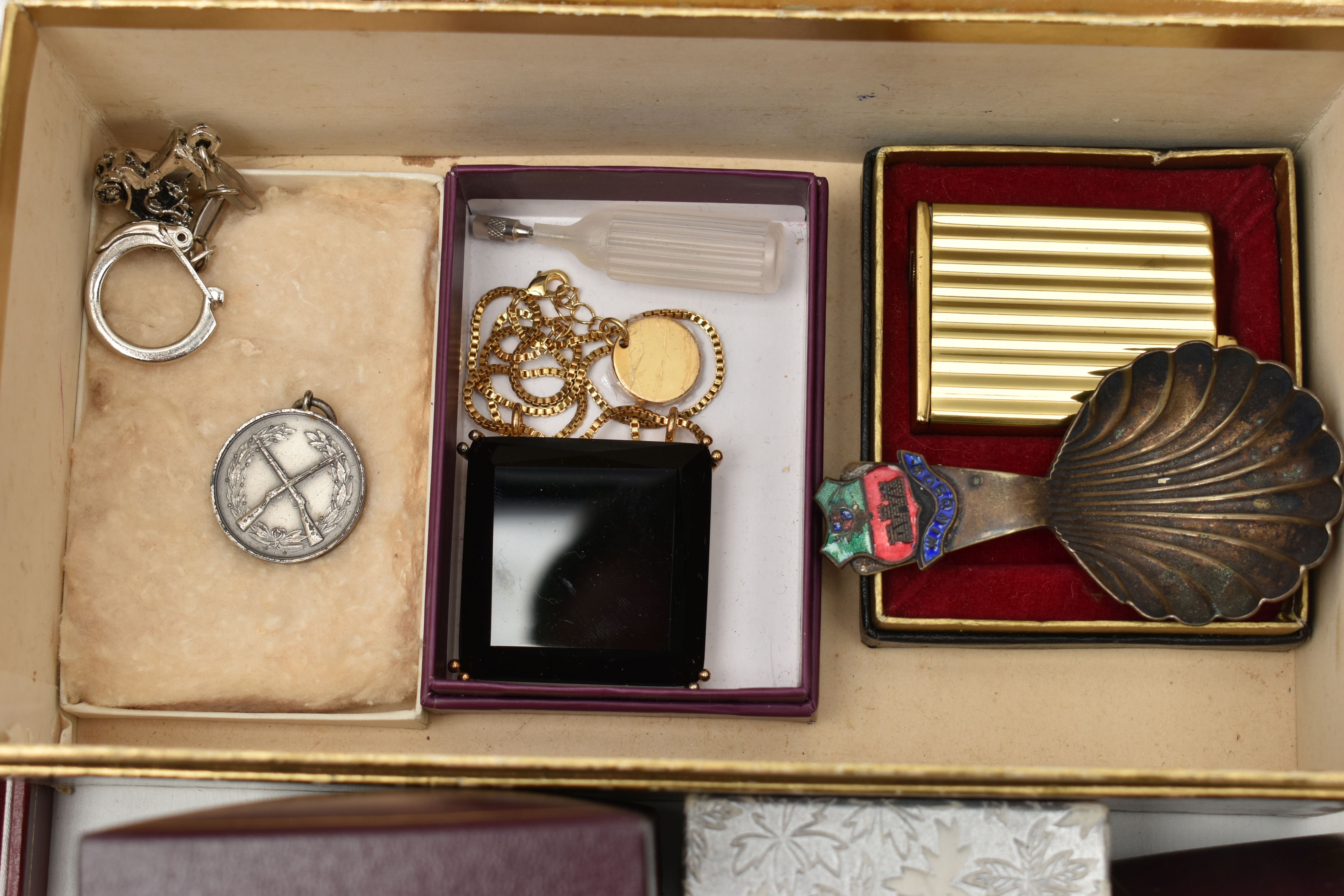 A BOX OF ASSORTED ITEMS, to include a red jewellery box with contents of costume jewellery, stick - Image 5 of 7