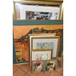 A SMALL QUANTITY OF PAINTINGS AND PRINTS ETC, to include a watercolour depicting cottages in a rural