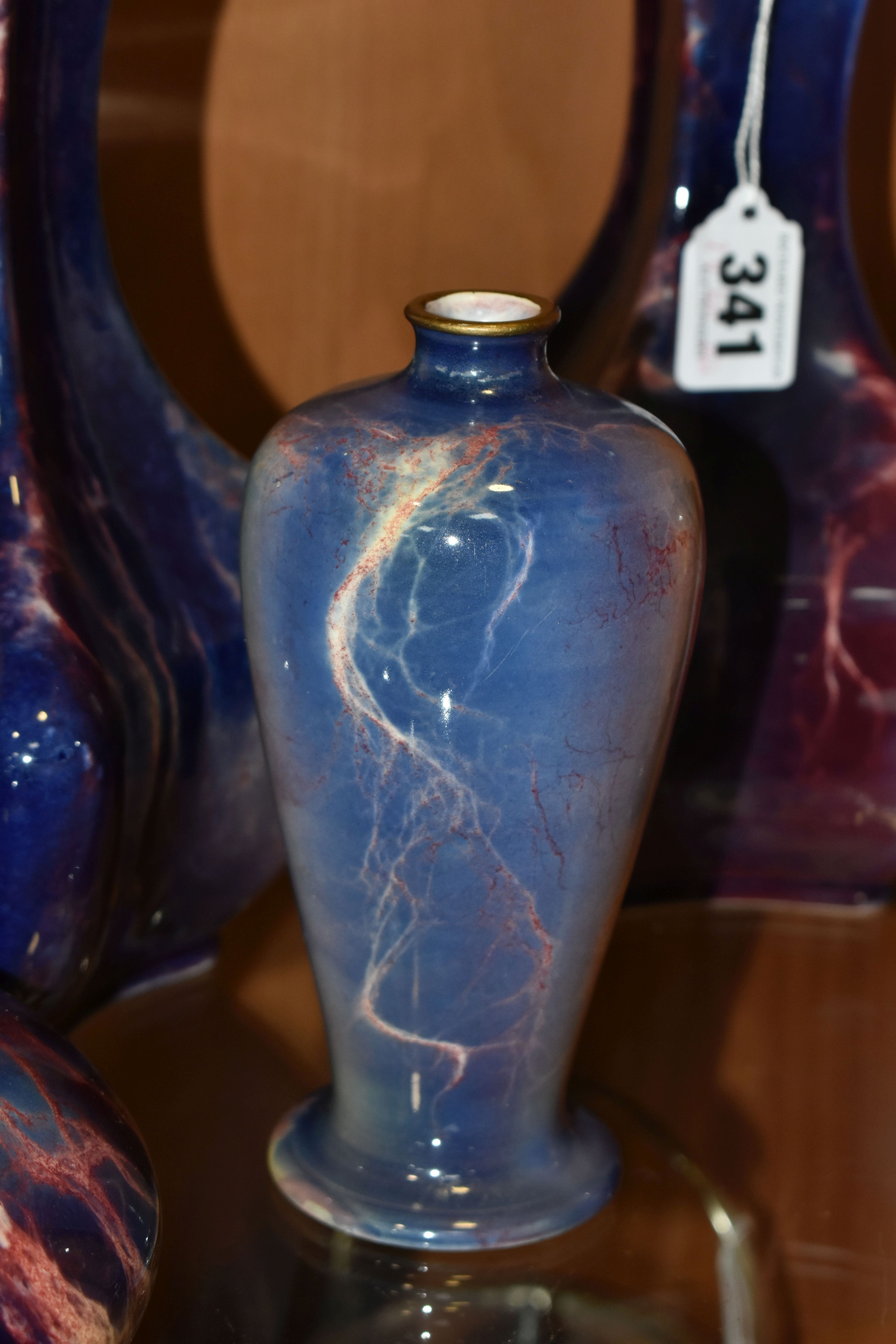 FIVE WILKINSON'S ROYAL STAFFS POTTERY ORIFLAMME VASES, with marbled purple and pink glazes, - Image 3 of 9