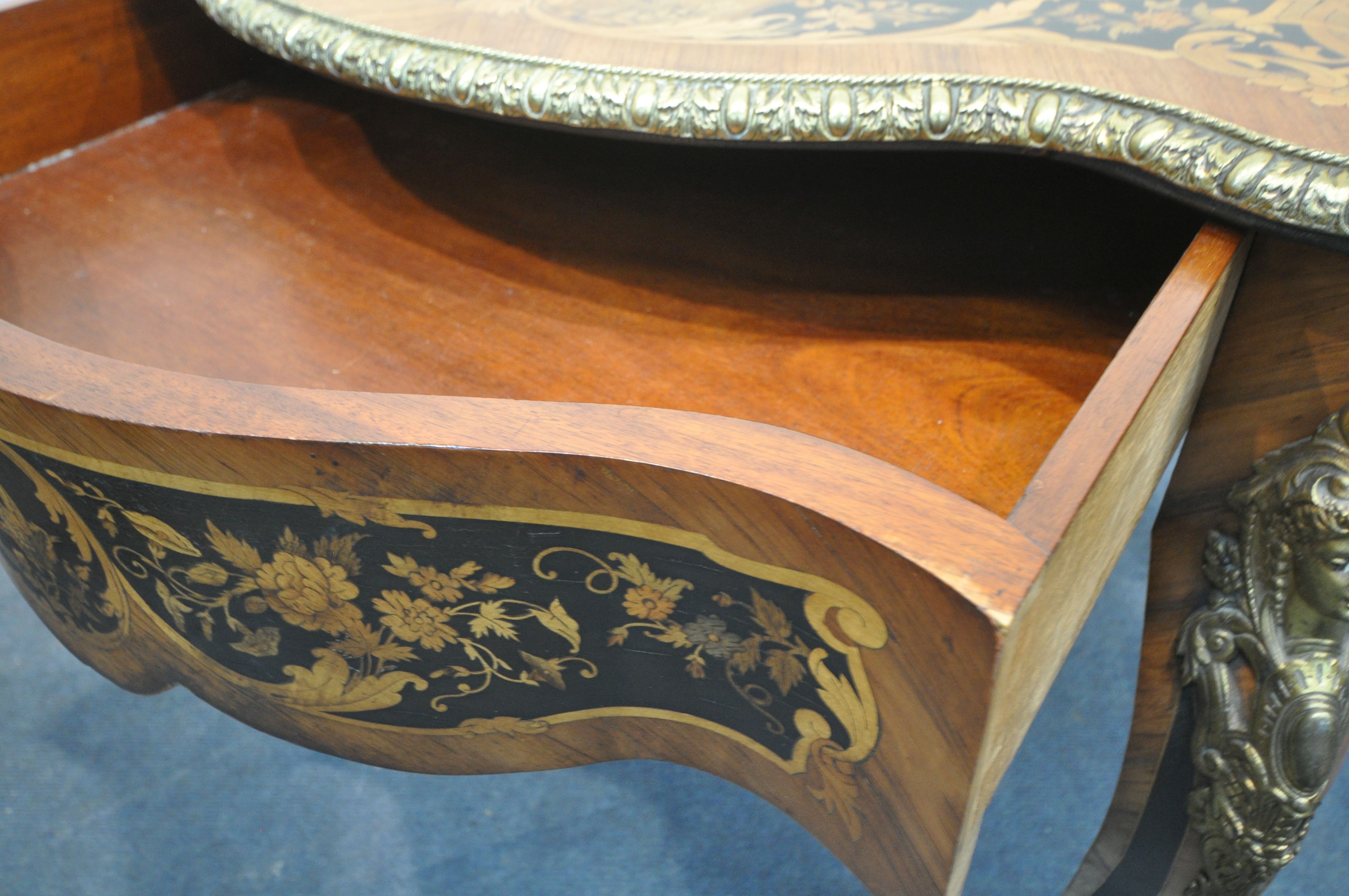 A LOUIS XVI STYLE KINGWOOD, EBONY AND MARQUETRY INLAID CENTRE TABLE, late 19th century, the and - Image 8 of 9