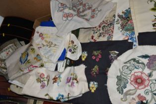 ONE BOX AND LOOSE EMBROIDERY EXAMPLES AND KITS AND FABRIC ROLLS, ETC,