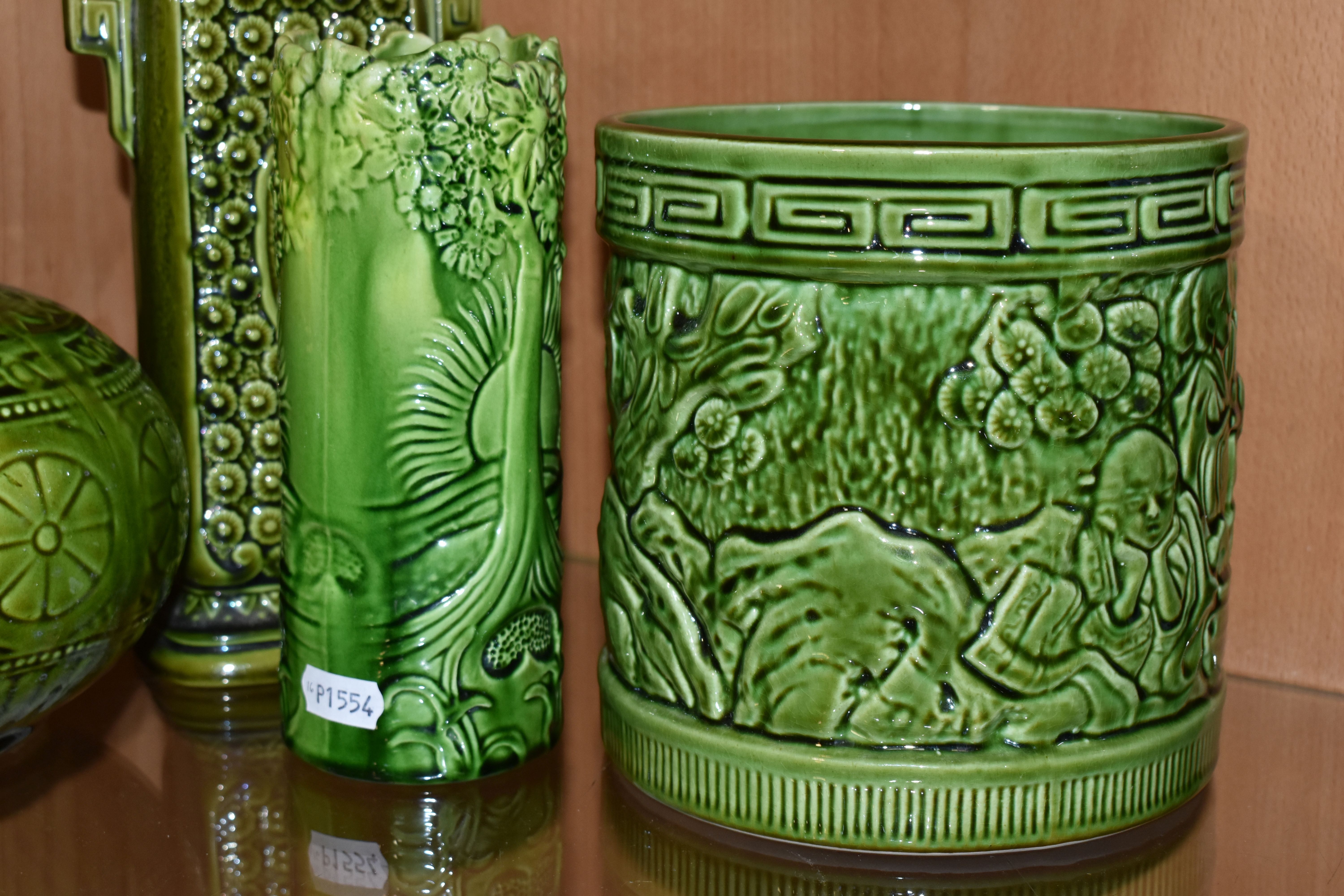 FOUR PIECES OF GREEN GLAZED POTTERY, comprising a Lear green glazed jug marked 'Lear 145', a Lear - Image 6 of 9