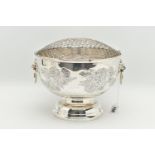 AN ELIZABETH II SILVER ROSE BOWL, fitted with removable wire grille, two lion mask handles, the