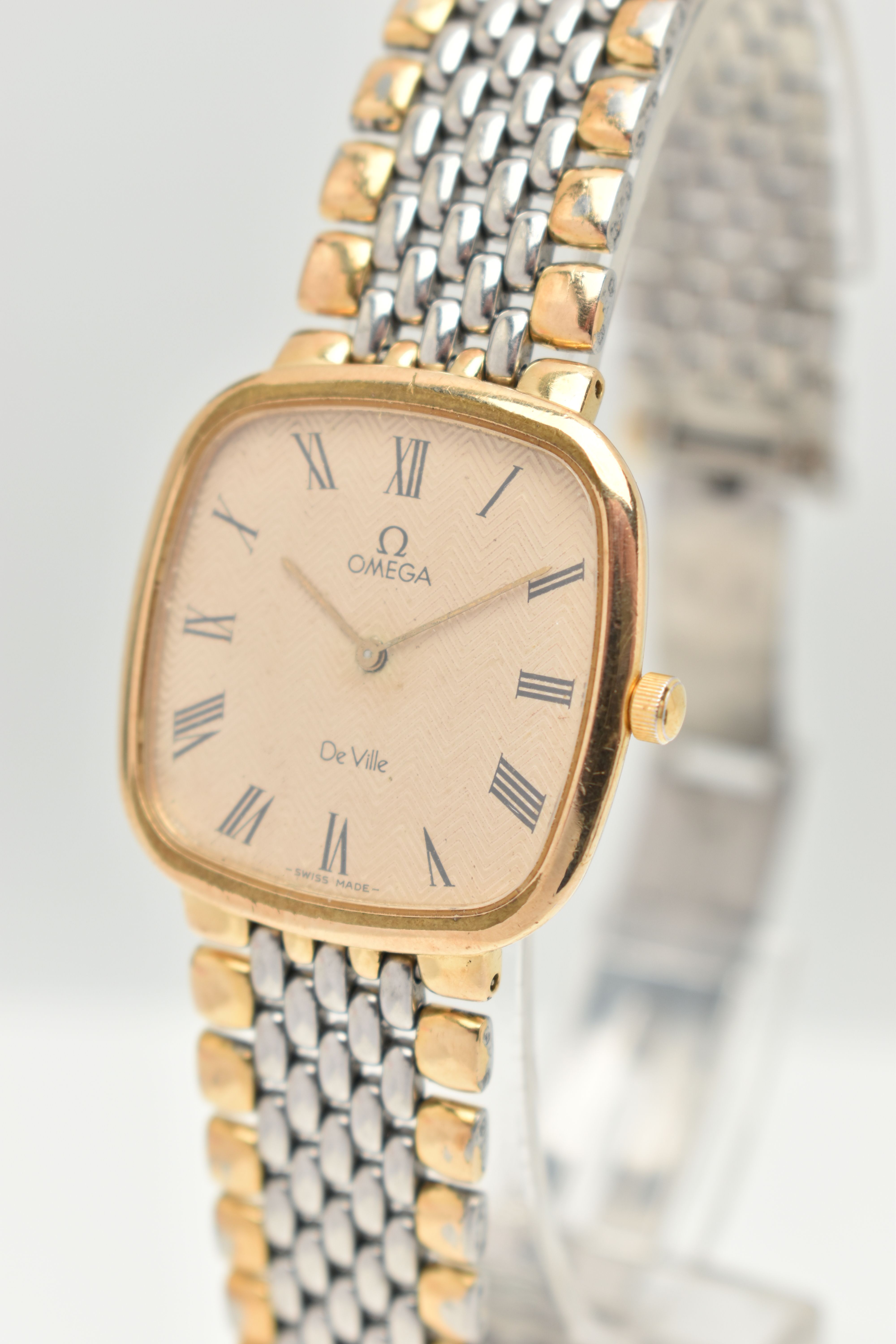 AN OMEGA DE VILLE STAINLESS STEEL WRISTWATCH, the curved square face with black Roman numerals, gold - Image 2 of 6