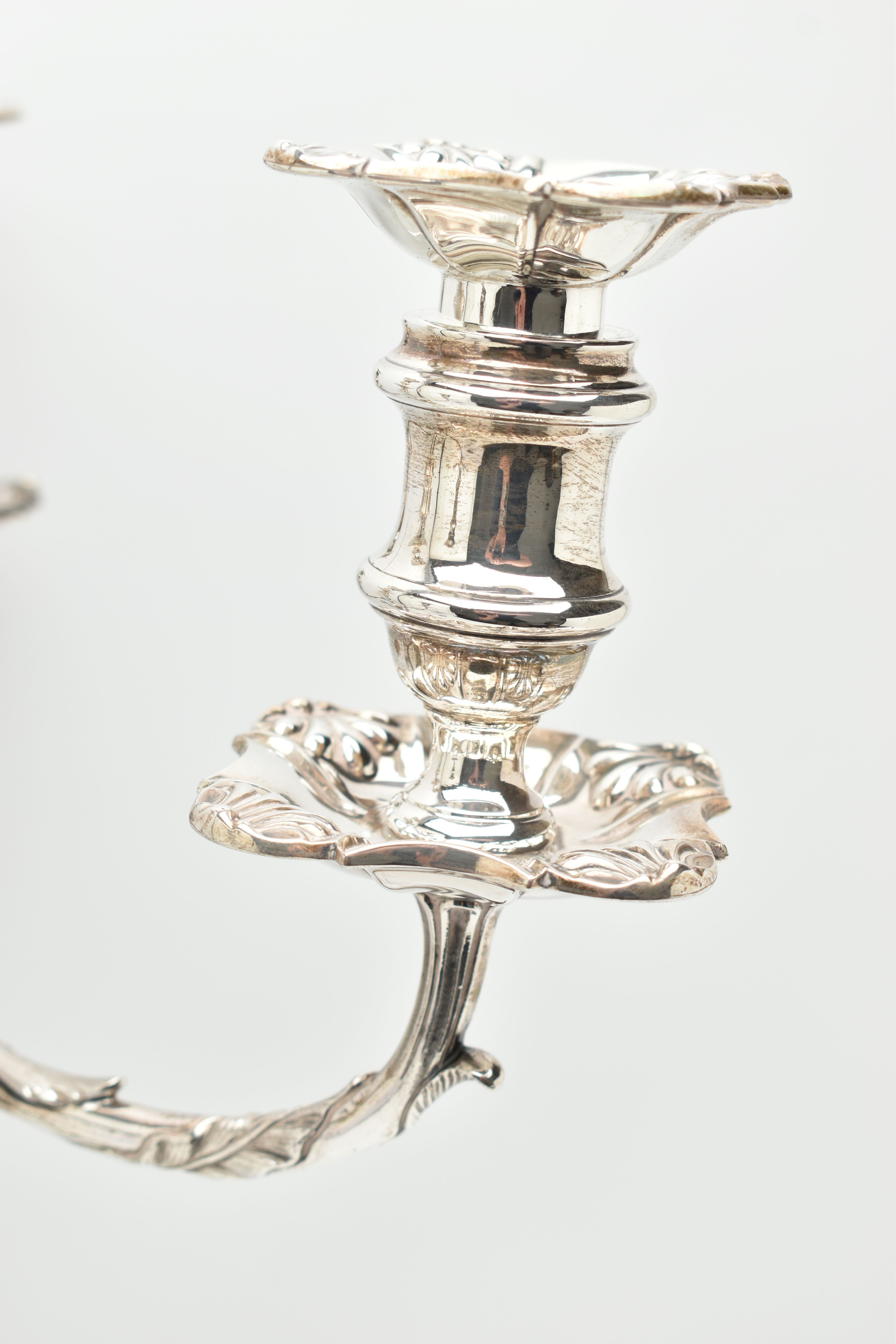 A GEORGE V SILVER FIVE LIGHT CANDELABRUM IN GEORGE II STYLE, with removable shaped square drip pans, - Image 7 of 13