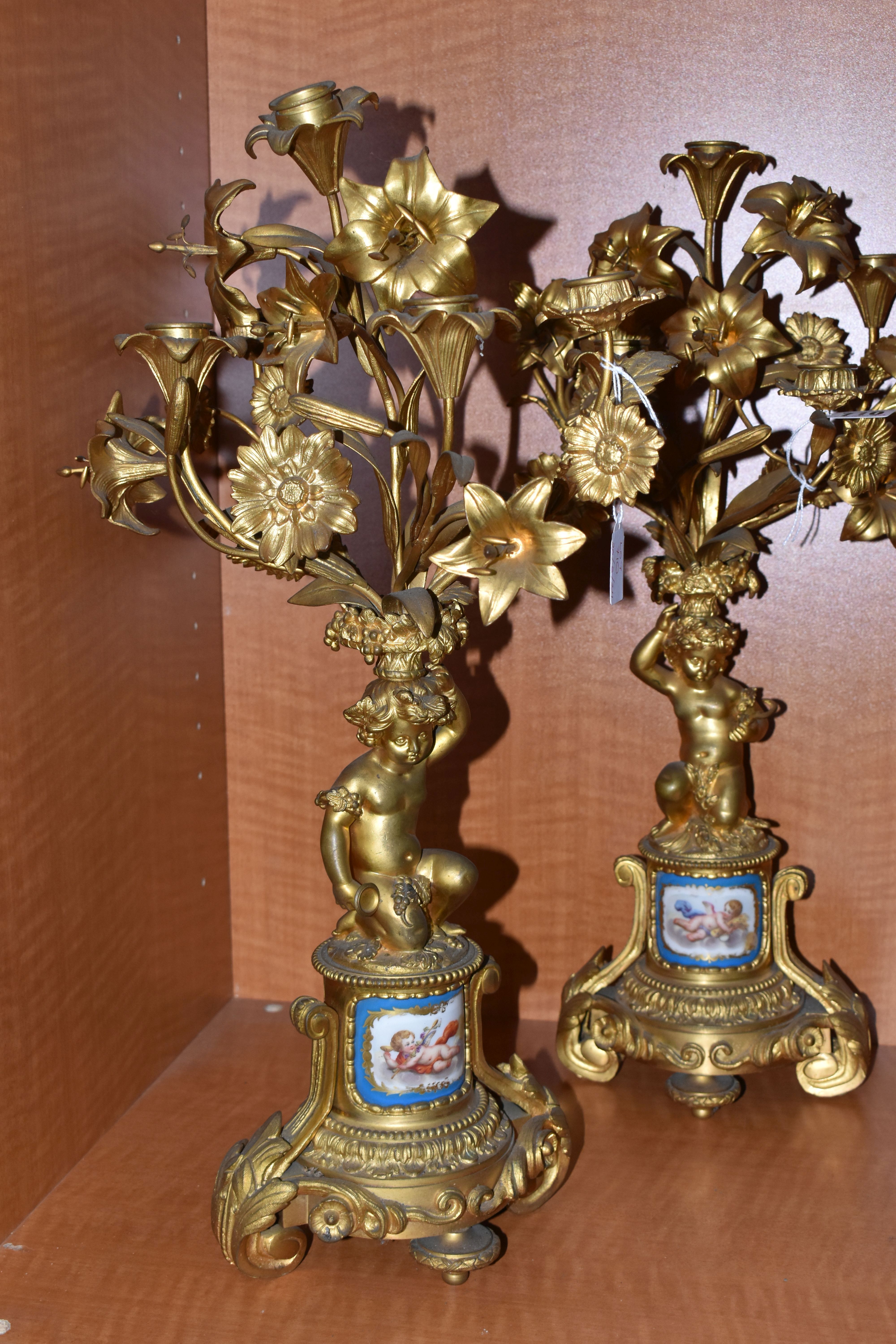 A PAIR OF MID 19TH GILT METAL candelabra, the upper section of floral form fitted with candle - Image 7 of 13