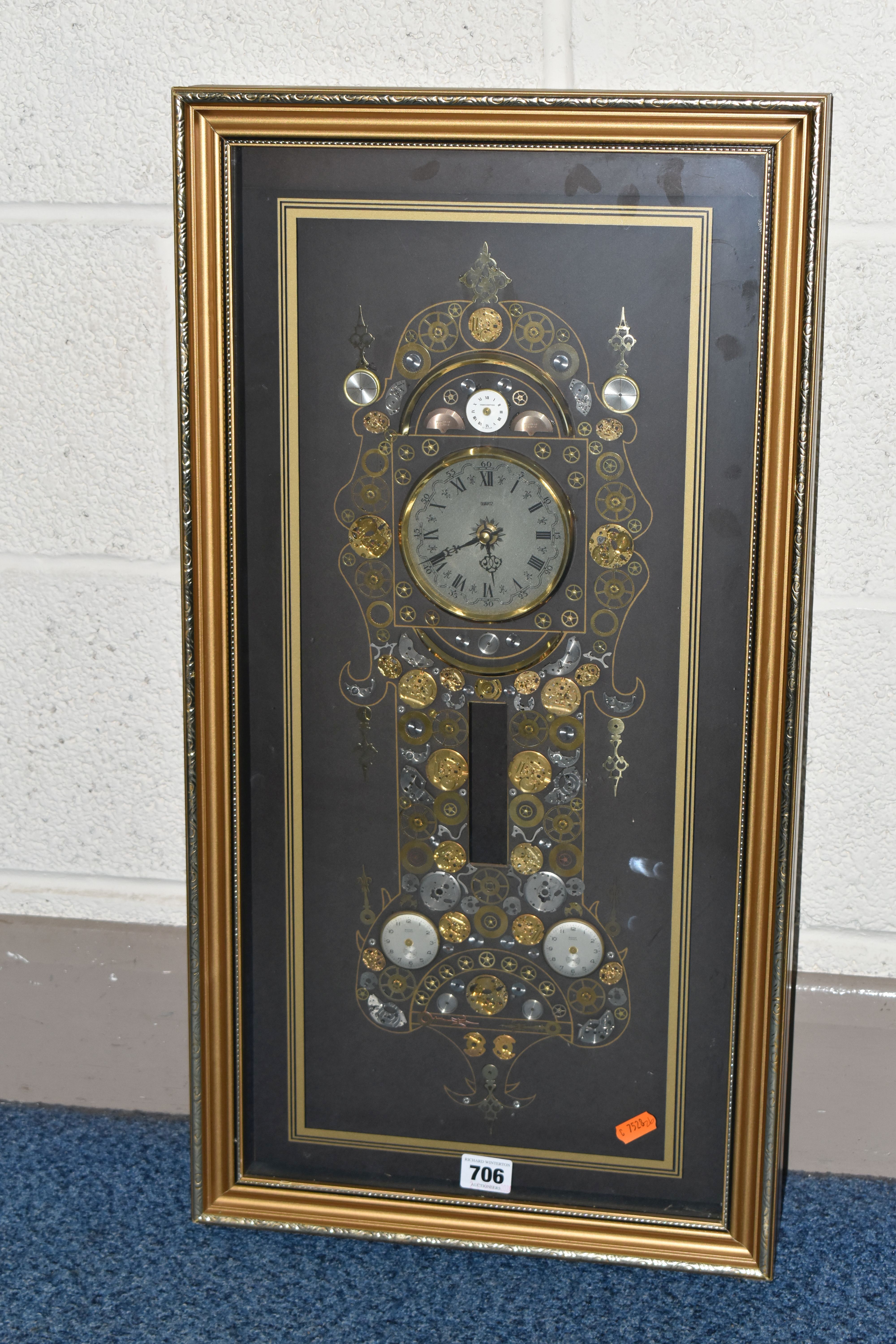 A KEN BROADBENT CLOCK MONTAGE WITH QUARTZ MOVEMENT, in a gilt frame and glazed, overall height - Image 2 of 9