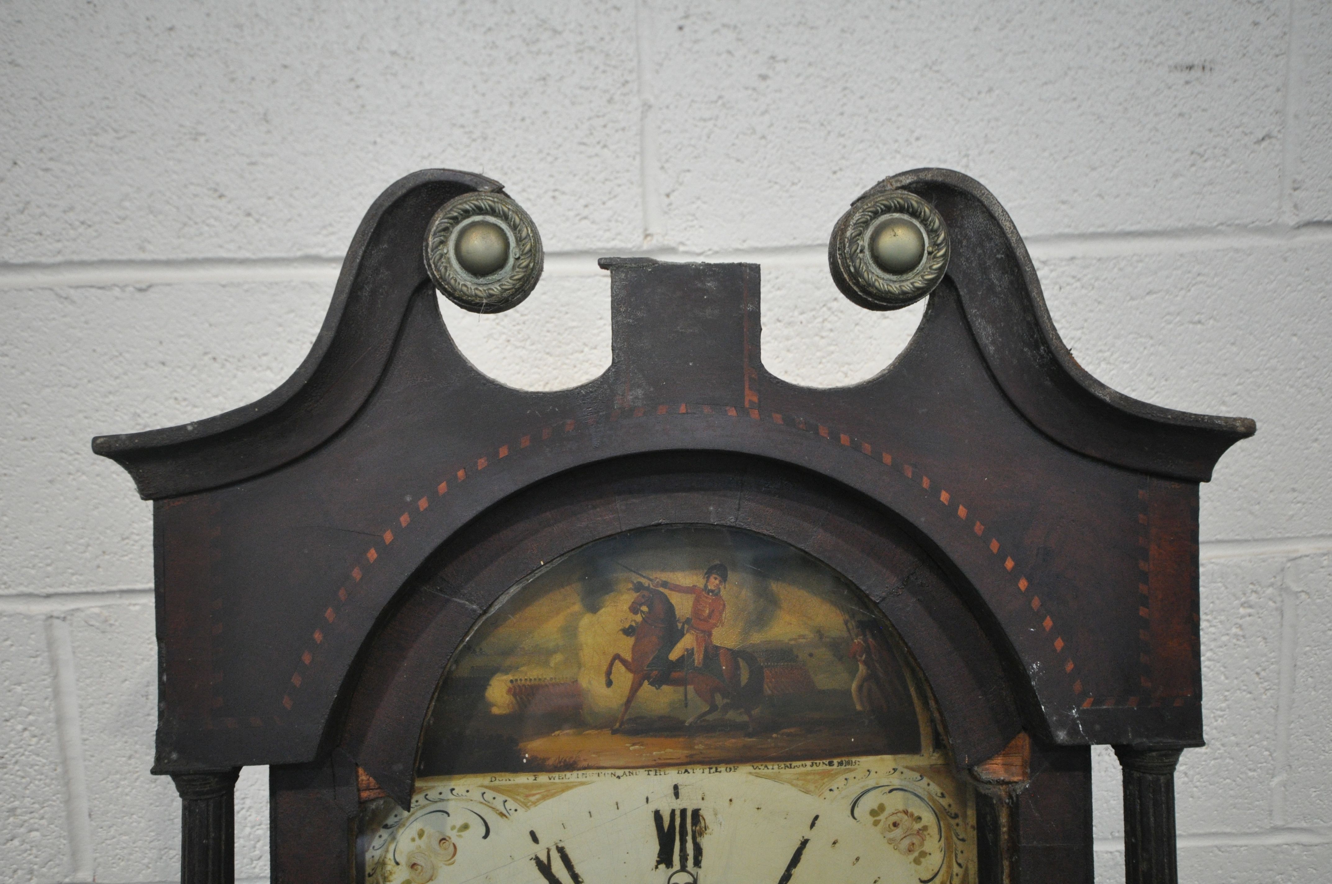 A GEORGIAN OAK EIGHT DAY LONGCASE CLOCK, with twin swan neck pediment, above an arched door that's - Image 2 of 7