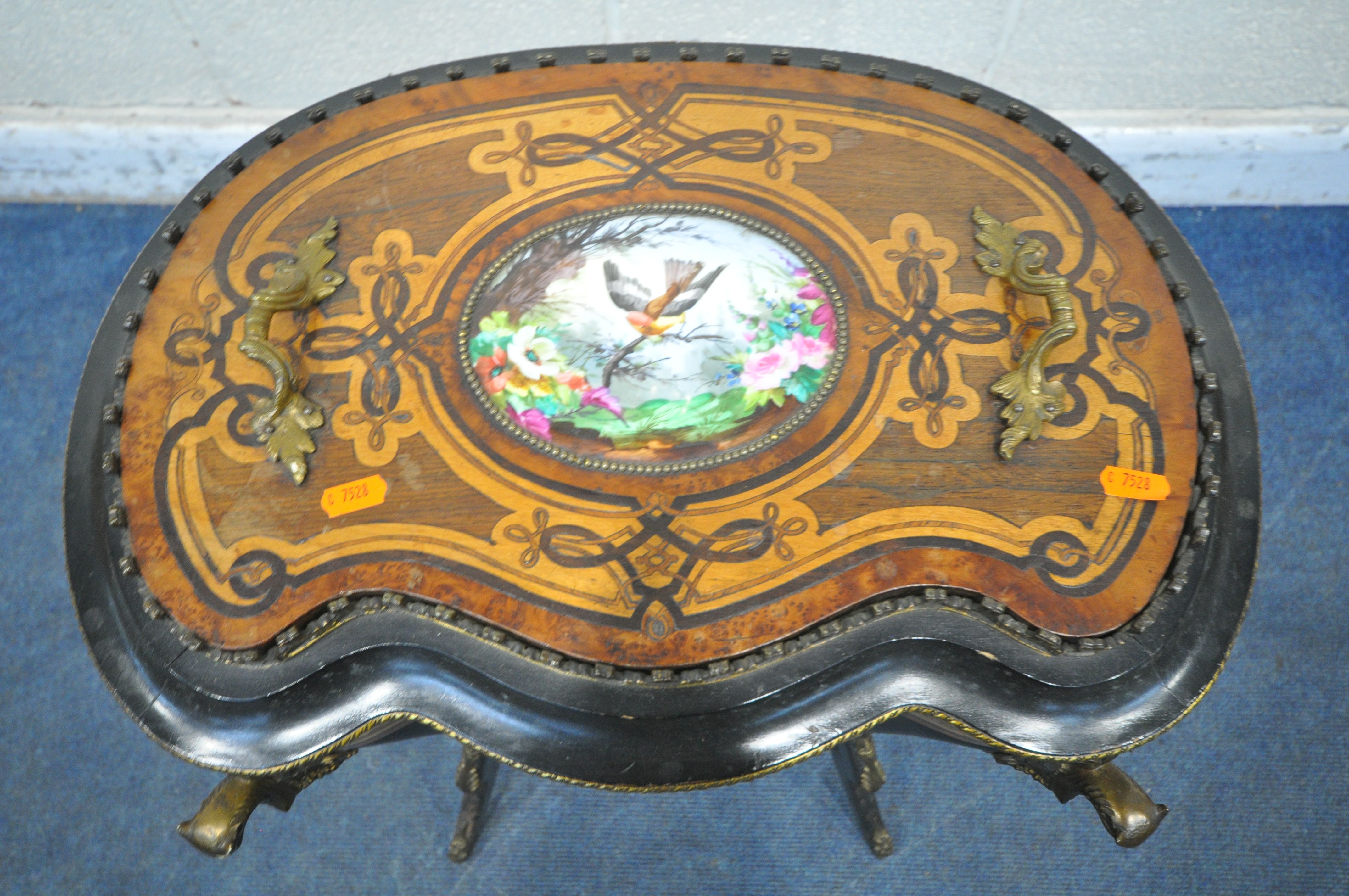 A LOUIS XV MARQUETRY INLAID SERPENTINE PLANTER TABLE, the twin handled lid with a painted - Image 2 of 10