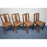 A SET OF FOUR ART DECO OAK DINING CHAIRS, with brown leather drop in seat pads (condition report: