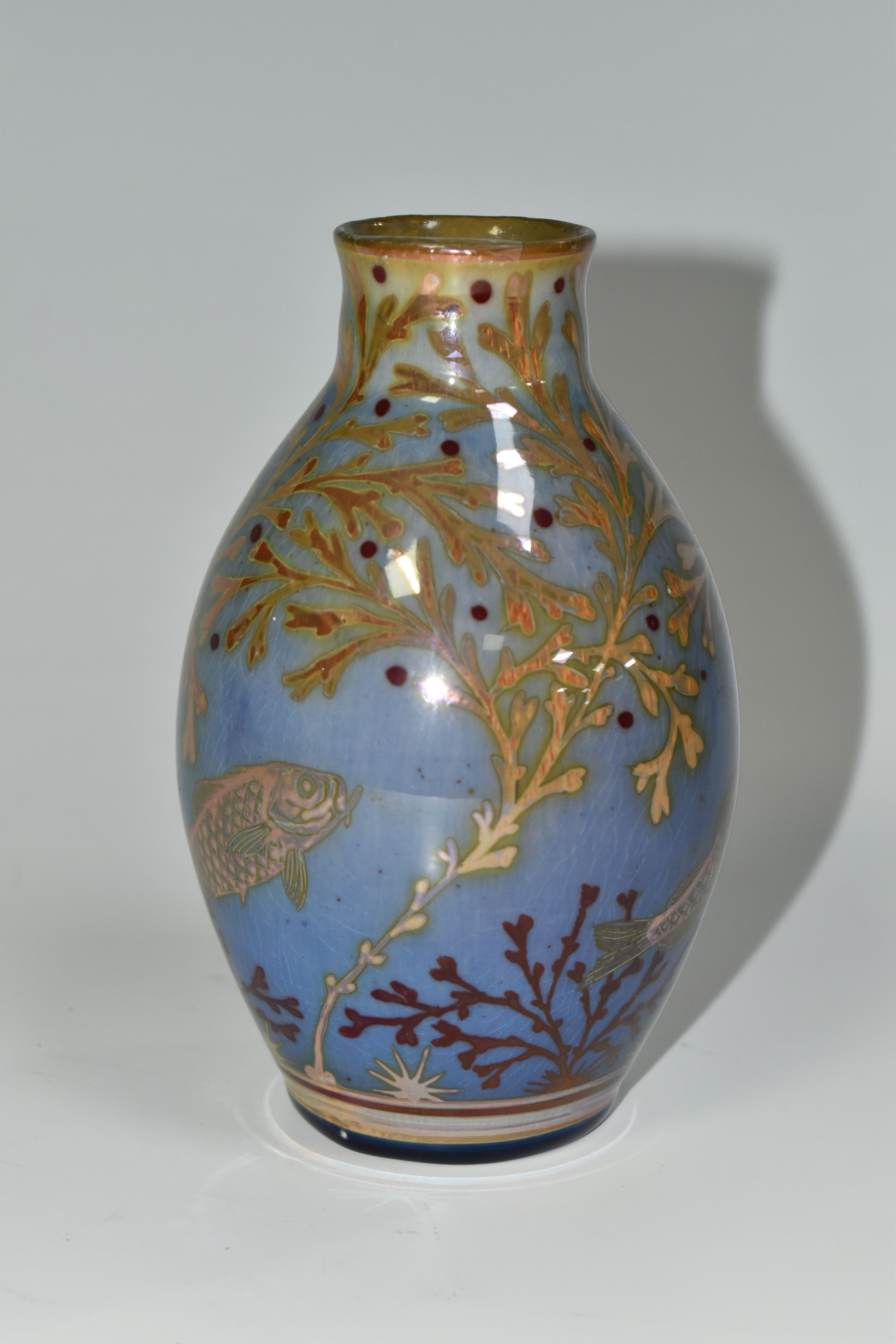 A PILKINGTON'S BALUSTER VASE, decorated with fish and pond/seaweed on a blue ground, P and B mark to